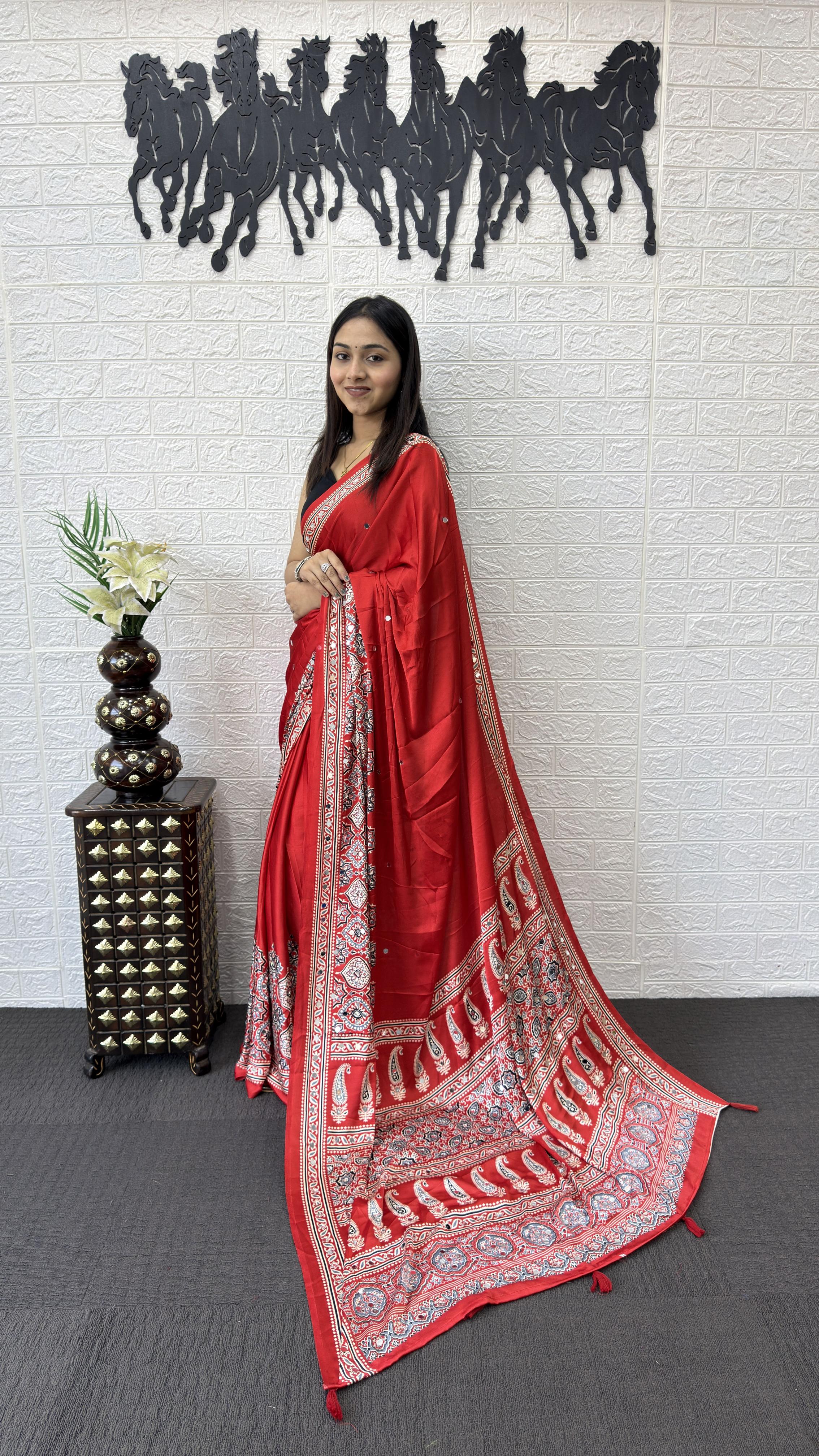 Divine Function Wear Satin Silk Heavy Mirror n Latkan Pallu Designer Saree With Unstitched Blouse Piece