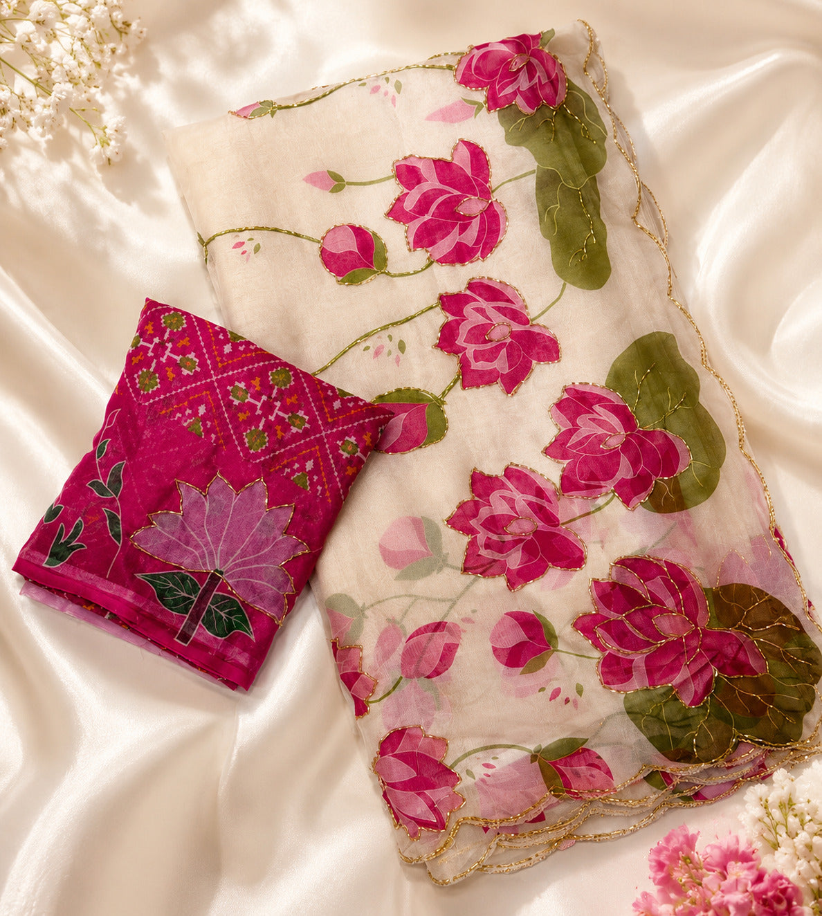 Glamorous Wedding Wear Pure Soft Silk Floral Prints n Handwork Designer Saree With Contrast Blouse Piece