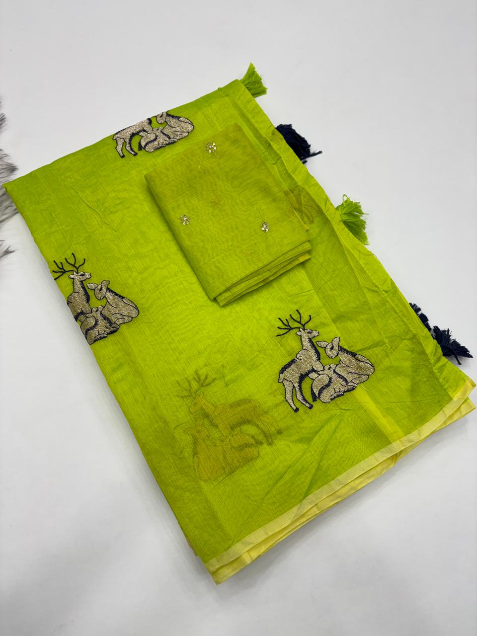 Fantabulous Party Wear Chanderi Cotton Embroidery n Tussels Work Fancy Designer Saree With Blouse Piece