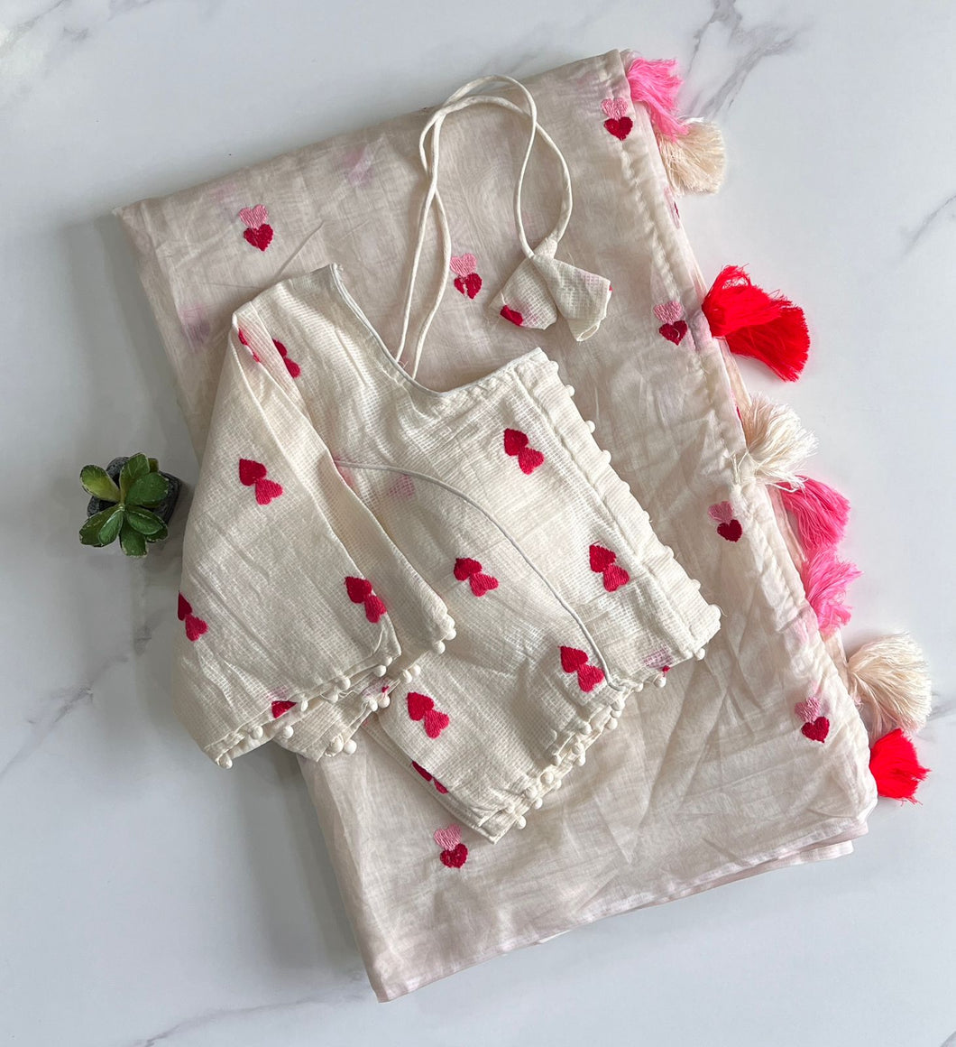 Elegant Party Wear Chanderi Cotton Heart n Tussels Work Fancy Designer Saree With Stitched Blouse
