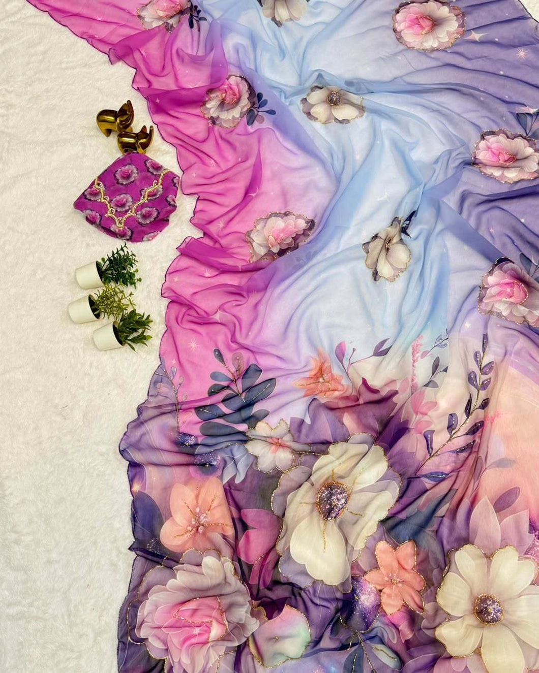 Latest Festive Wear Multicolor Soft Chiffon Print Embroidery n Hand Work Fancy Designer Saree With Blouse