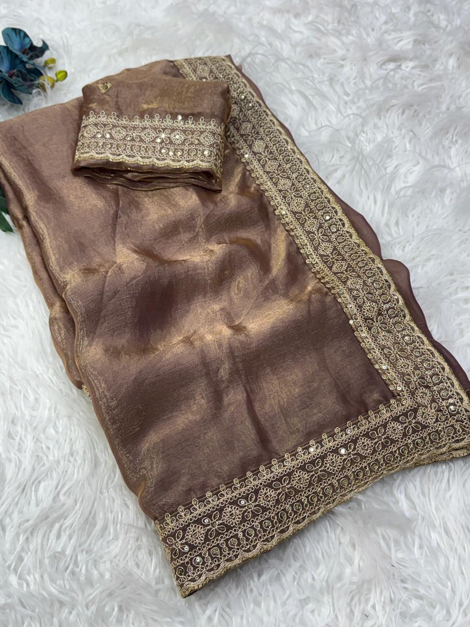 Marvellous Wedding Wear Silk Embroidery Work Lace Border Fancy Designer Saree With Blouse Piece