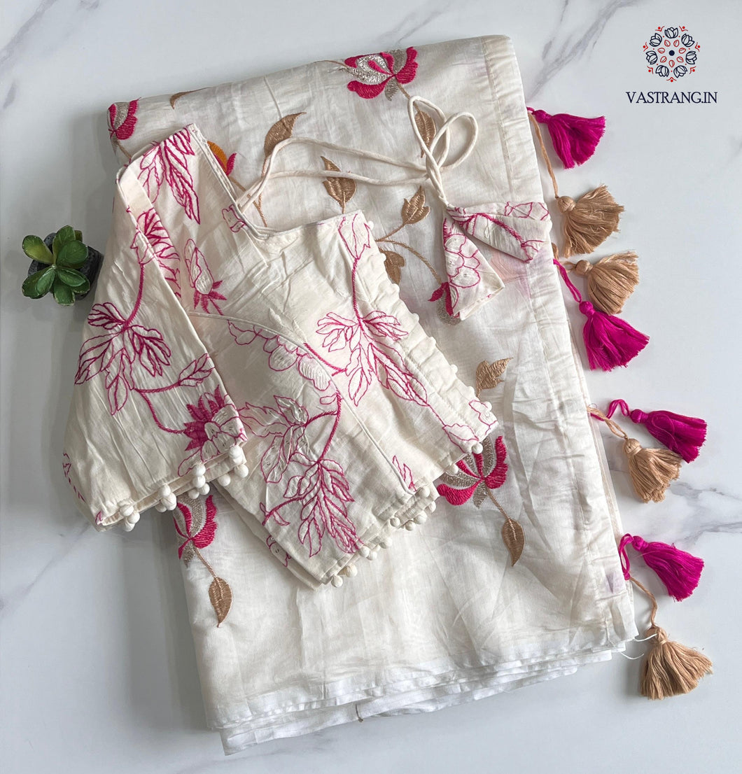 New Chanderi Cotton Heavy Embroidery n Tussels Work Fancy Designer Wedding Wear Saree With Stitched Blouse