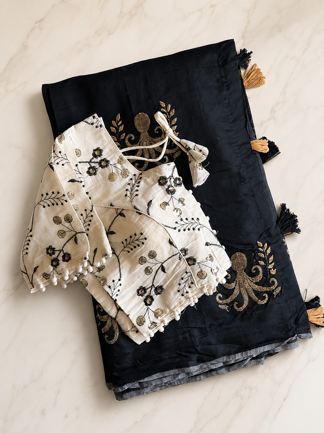 Desiring Function Wear Chanderi Cotton Embroidery n Tussels Work Fancy Saree With Stitched Blouse