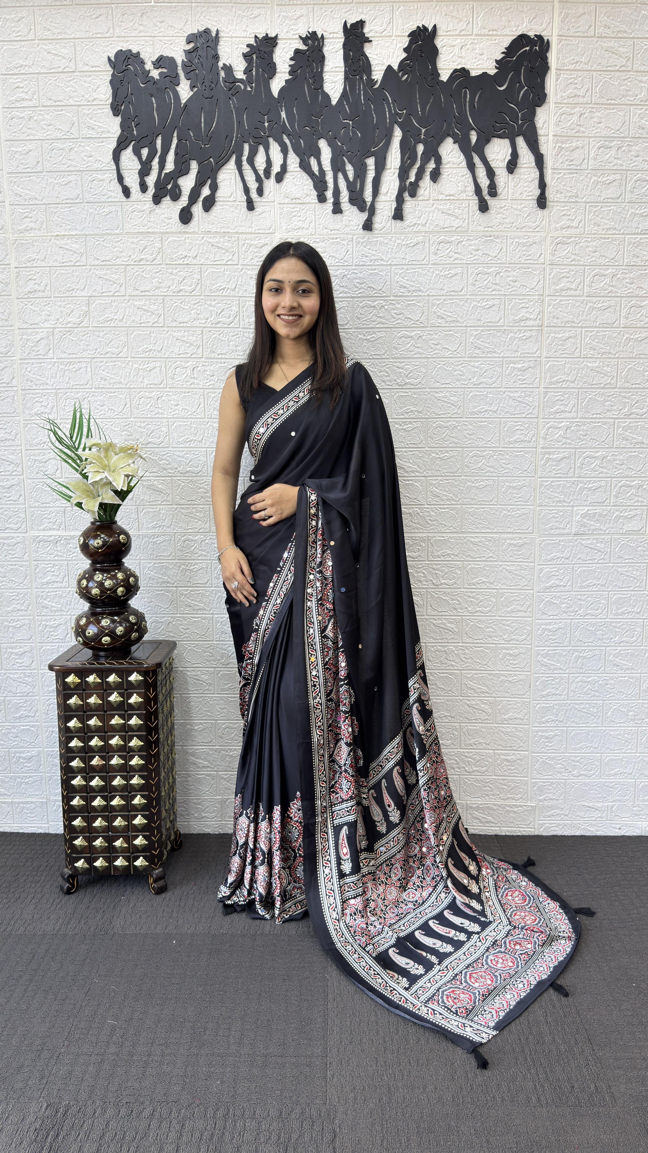 Divine Function Wear Satin Silk Heavy Mirror n Latkan Pallu Designer Saree With Unstitched Blouse Piece