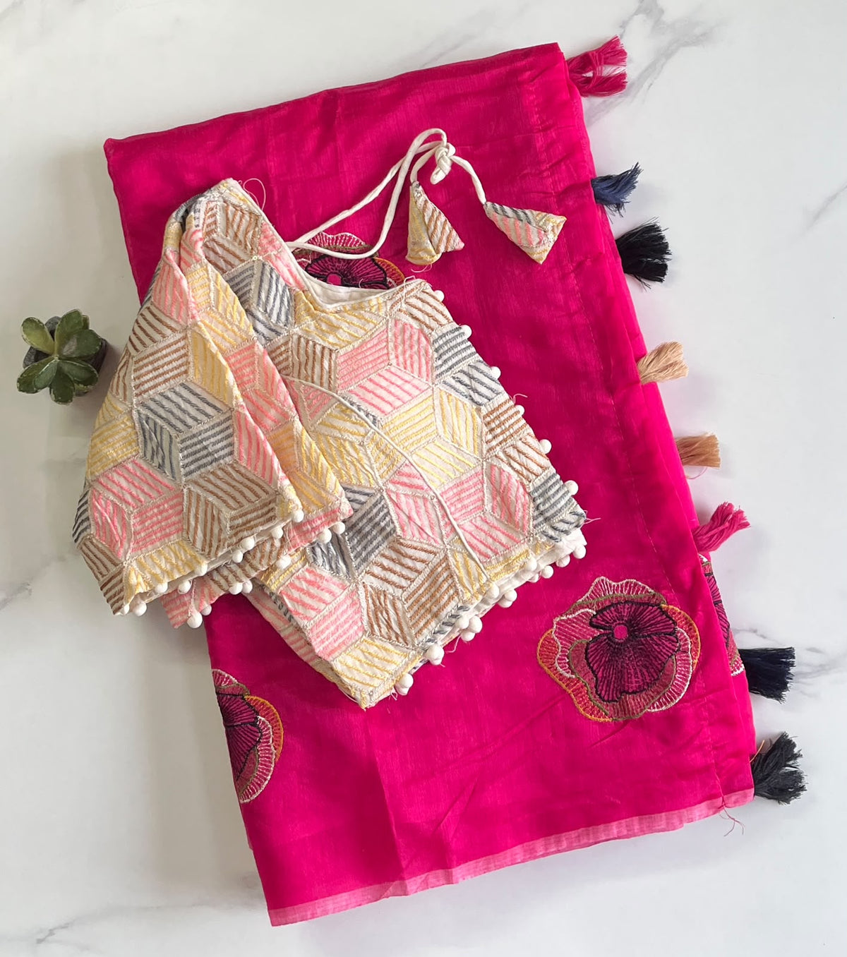 Fanctabulous Party Wear Chanderi Cotton Embroidery n Tussels Work Fancy Saree With Stitched Blouse