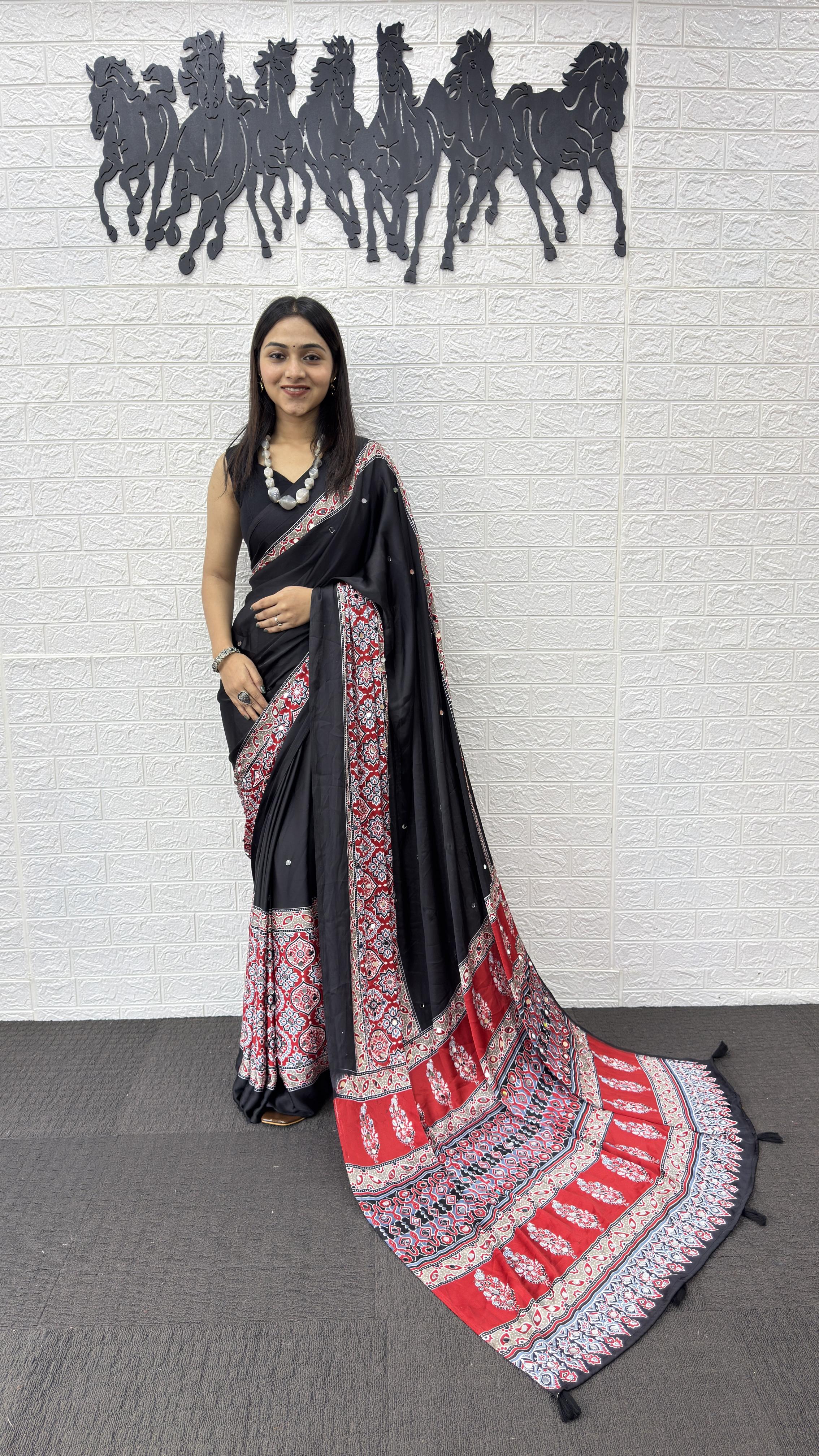 Regal Festive Wear Satin Silk Heavy Mirror n Latkan Pallu Designer Saree With Unstitched Blouse Piece