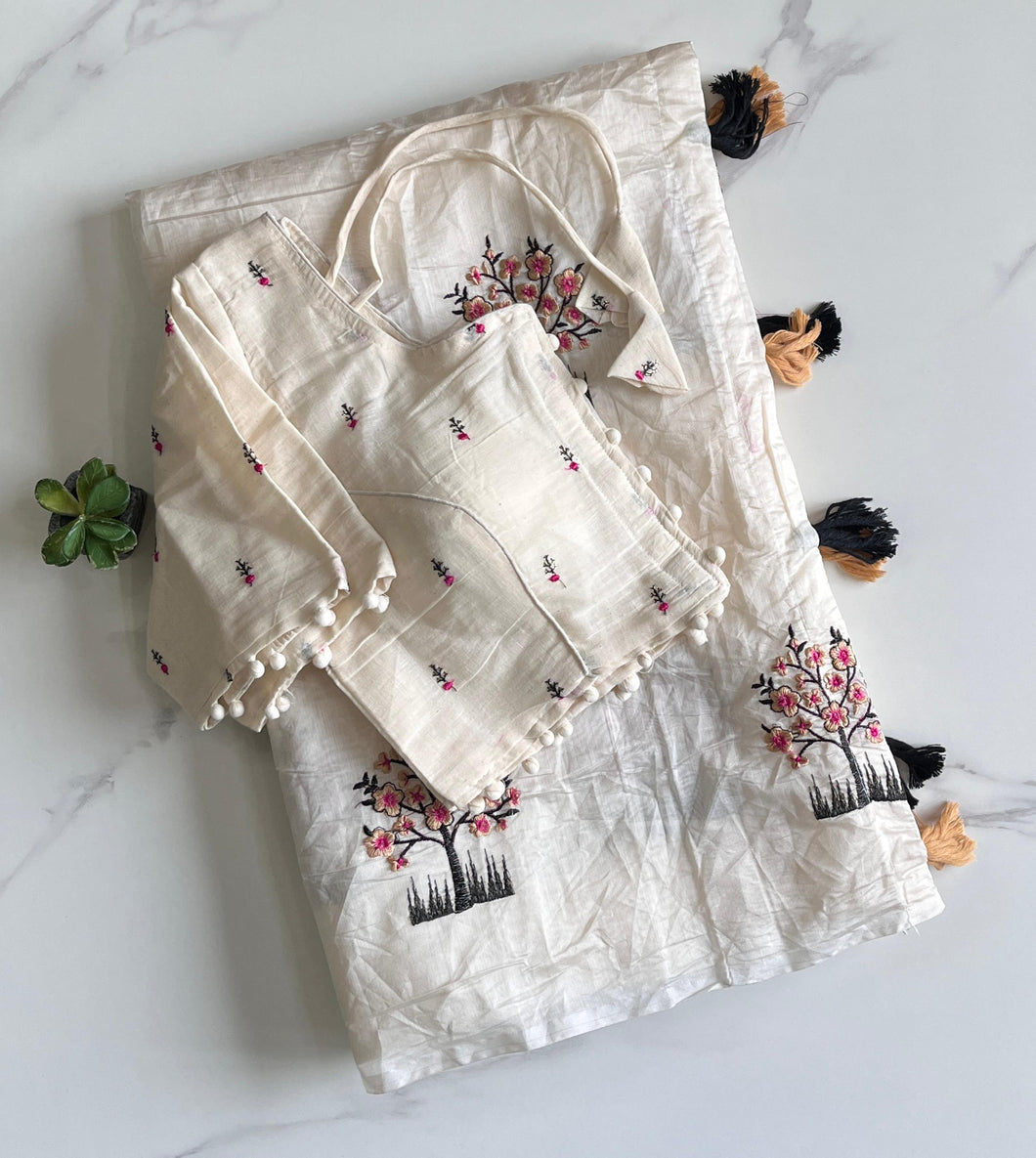 New Dalliance Chanderi Cotton Embroidery n Tussels Work Fancy Designer Function Wear Saree With Stitched Blouse