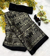 Load image into Gallery viewer, New Function Wear Black Color Pure Satin Silk Ajrak Printed Rich Pallu n Tussles Work Fancy Designer Saree

