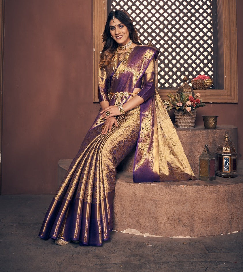 Wedding Wear Purple Color Kanjiviram Silk Pure Zari Weaving with Beautiful Meena Weaving Saree