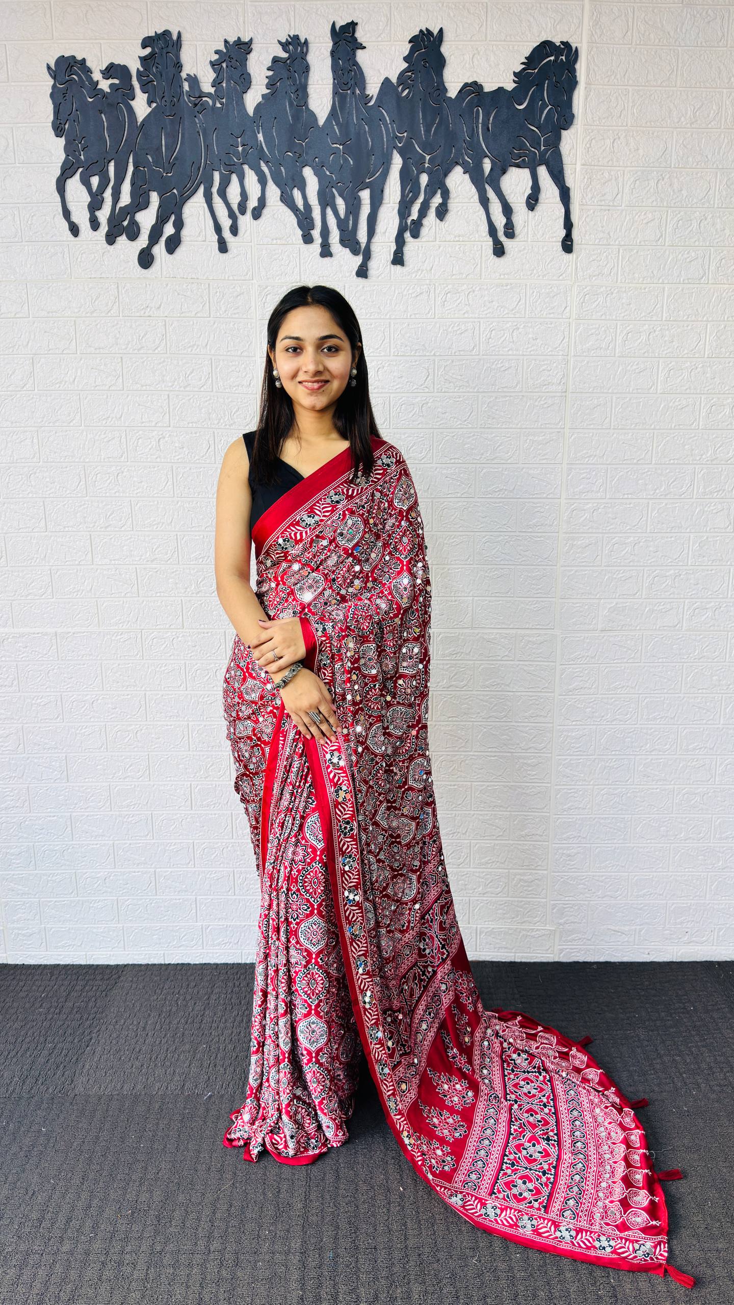 Charming Festive Wear Satin Silk Heavy Mirror n Latkan Pallu Designer Saree With Unstitched Blouse Piece