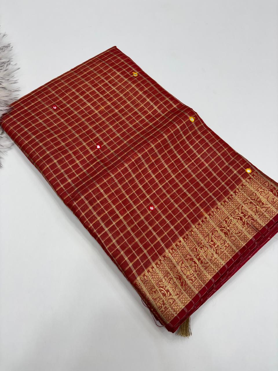 Scrupulous Festive Pure Kota Chex Design Embroidery Paper Work Jacquard Border Designer Saree With Blouse Piece