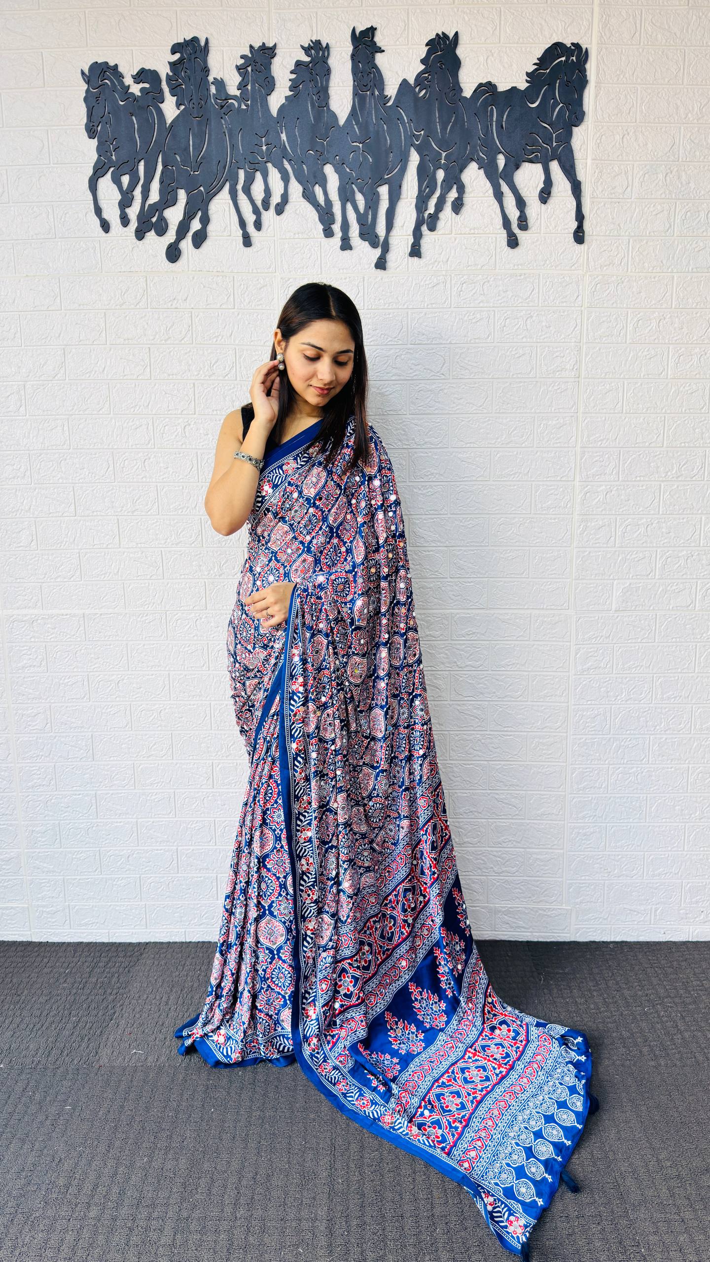 Charming Festive Wear Satin Silk Heavy Mirror n Latkan Pallu Designer Saree With Unstitched Blouse Piece