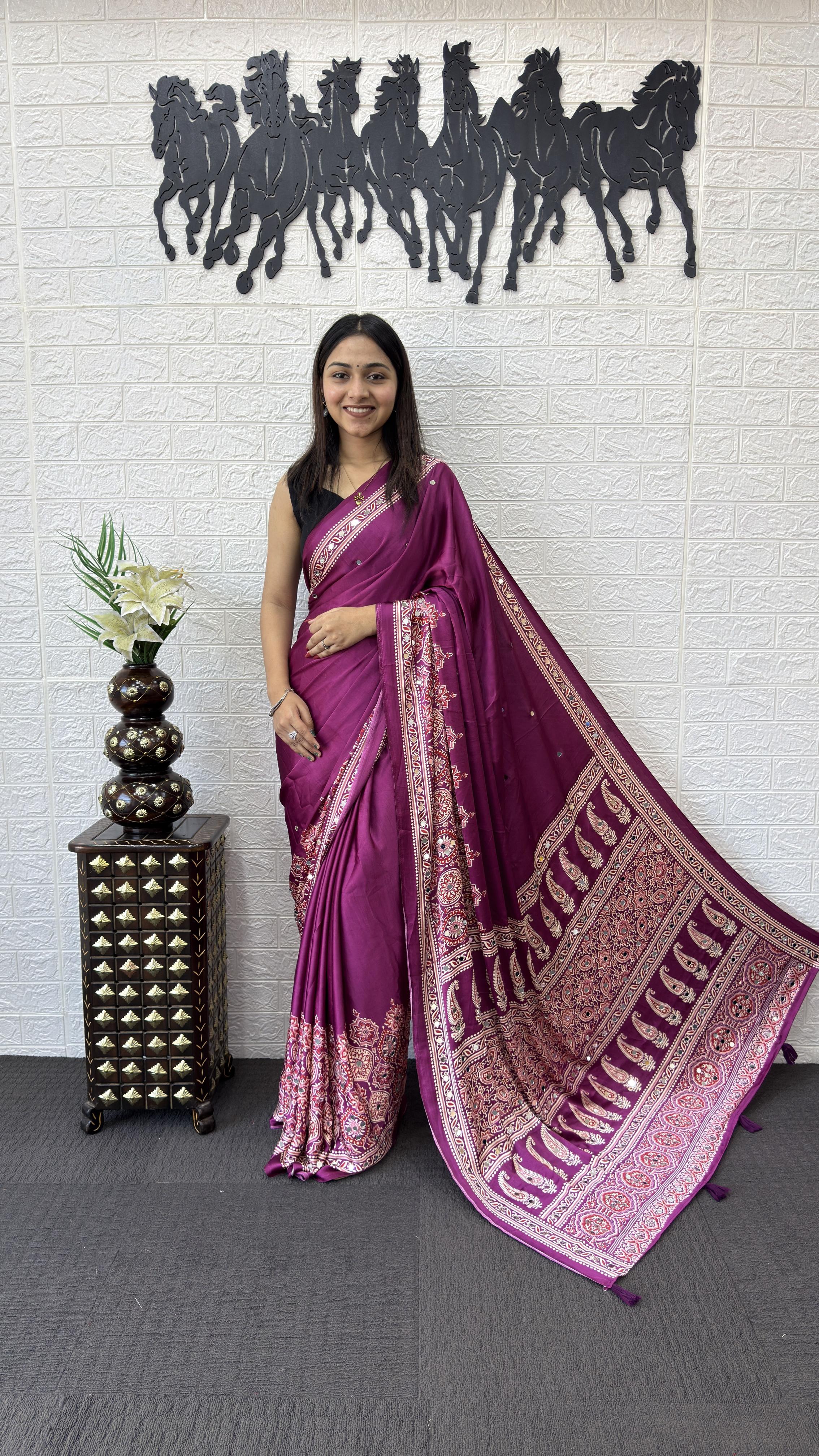 Divine Function Wear Satin Silk Heavy Mirror n Latkan Pallu Designer Saree With Unstitched Blouse Piece