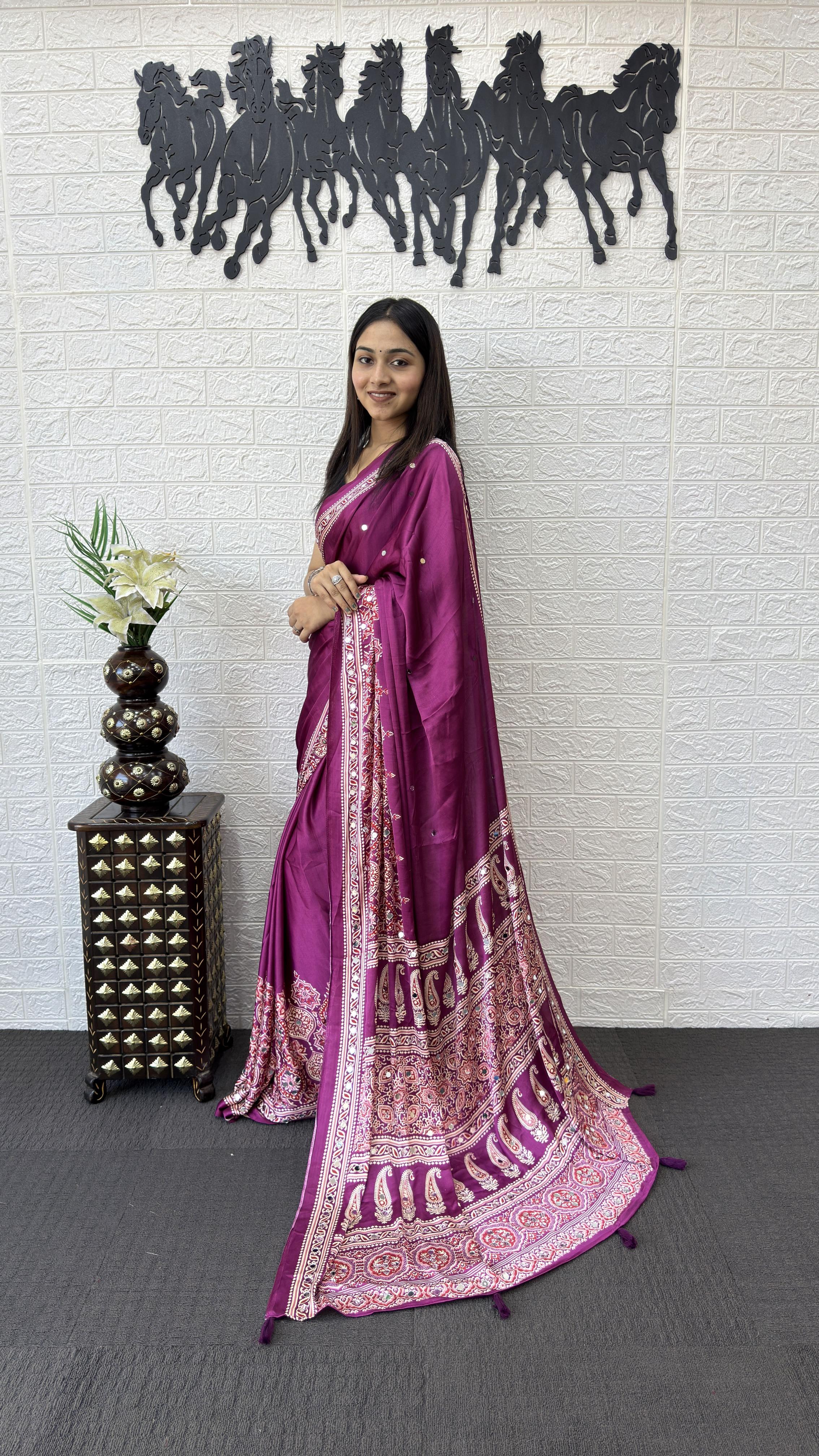 Divine Function Wear Satin Silk Heavy Mirror n Latkan Pallu Designer Saree With Unstitched Blouse Piece