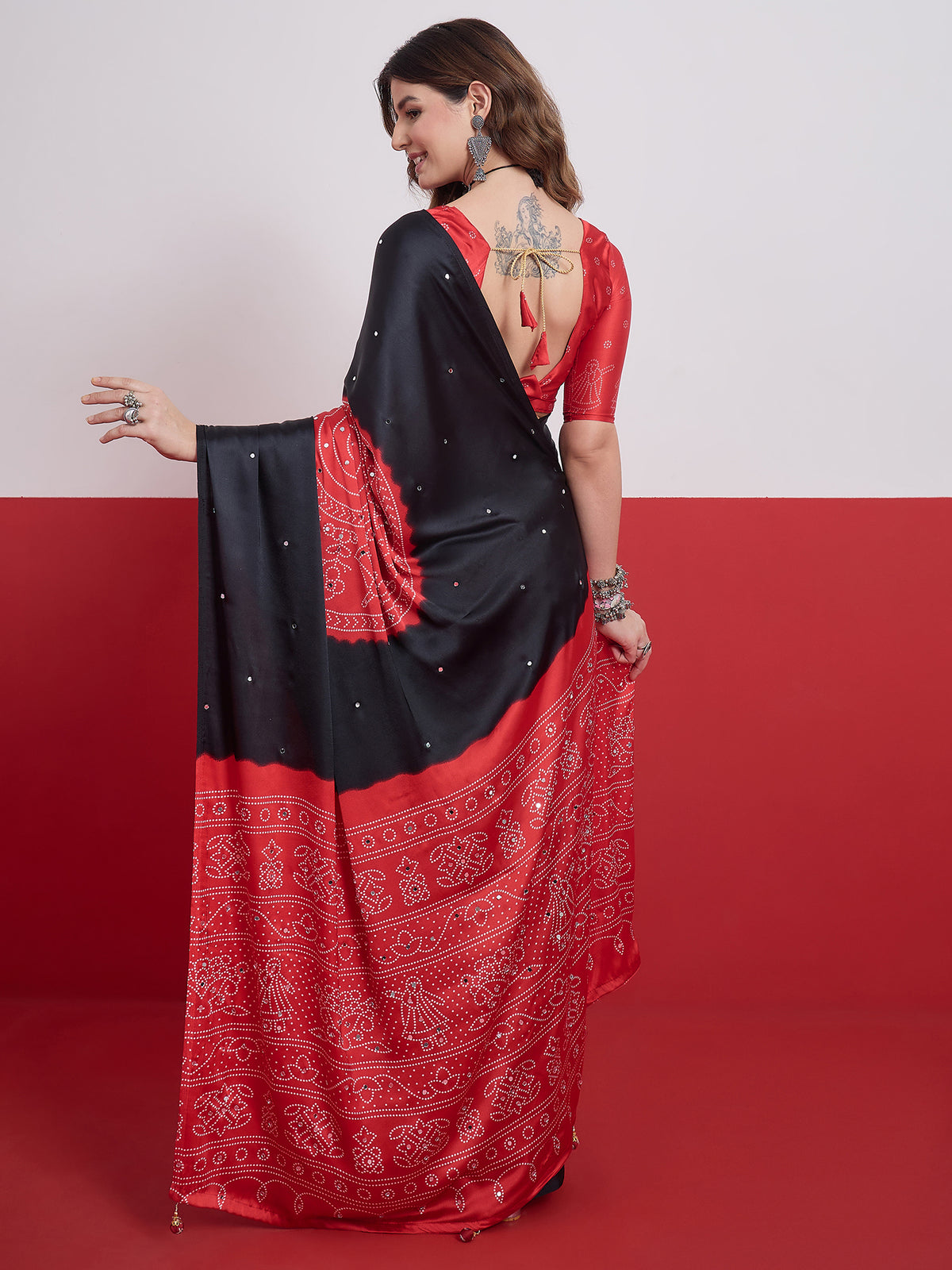 Artisanal Festive Wear Satin Silk Ajrak Print Mirror Work Designer Saree With Unstitched Blouse Piece