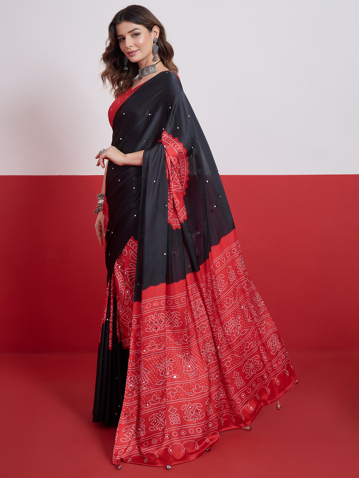 Artisanal Festive Wear Satin Silk Ajrak Print Mirror Work Designer Saree With Unstitched Blouse Piece