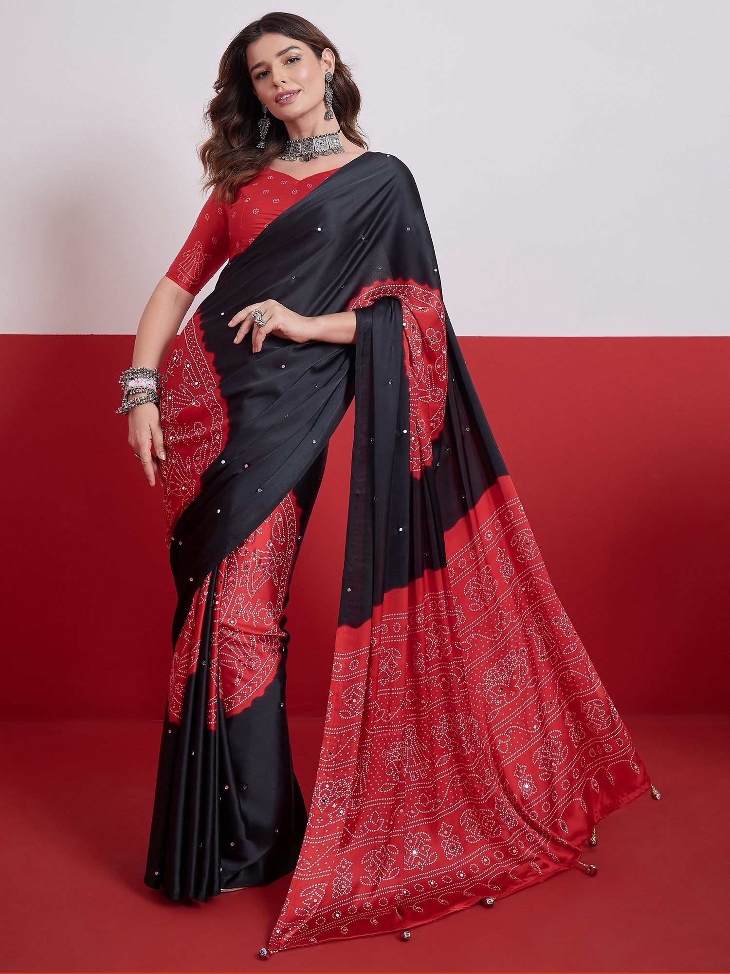 Artisanal Festive Wear Satin Silk Ajrak Print Mirror Work Designer Saree With Unstitched Blouse Piece