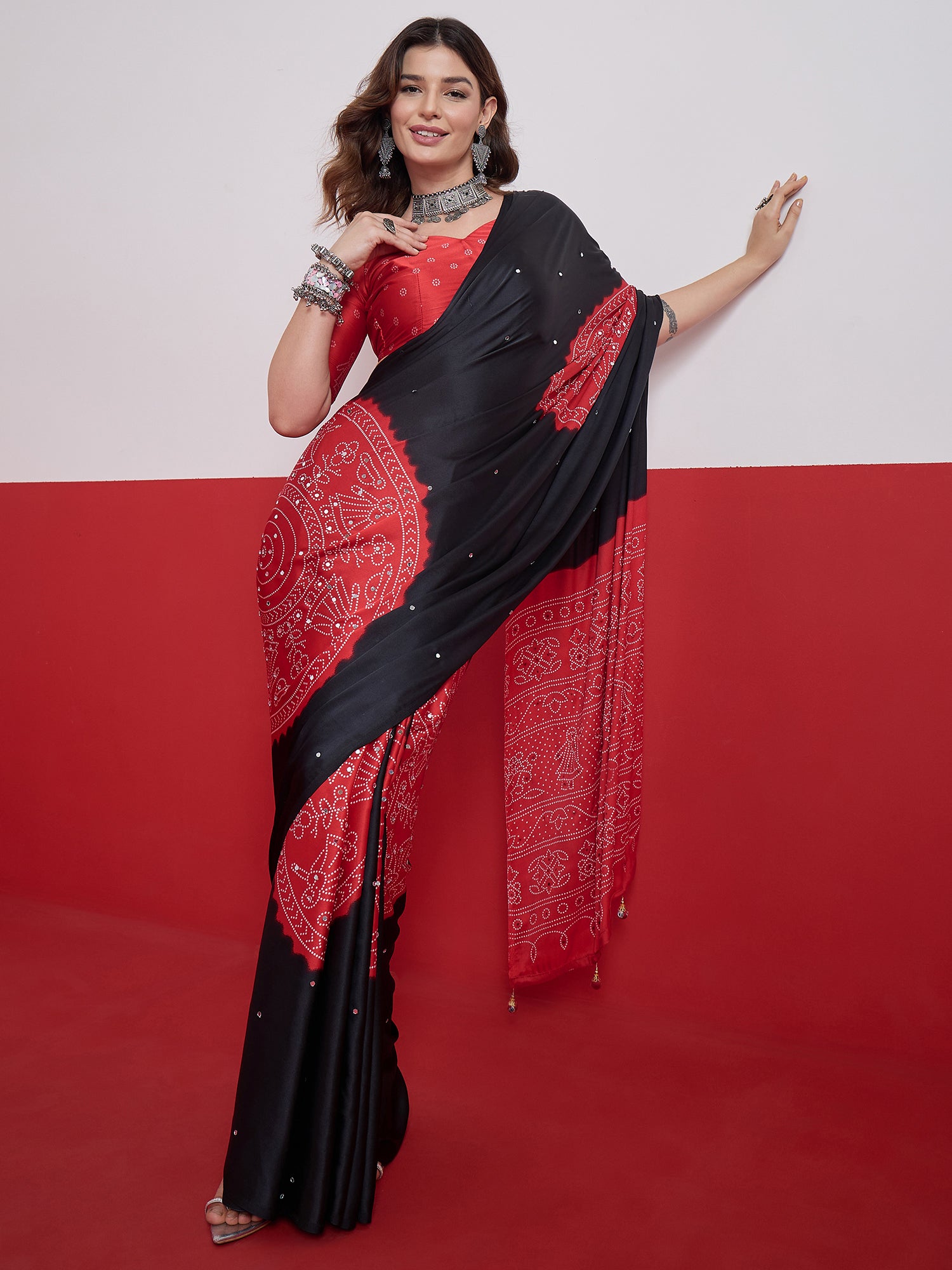 Artisanal Festive Wear Satin Silk Ajrak Print Mirror Work Designer Saree With Unstitched Blouse Piece