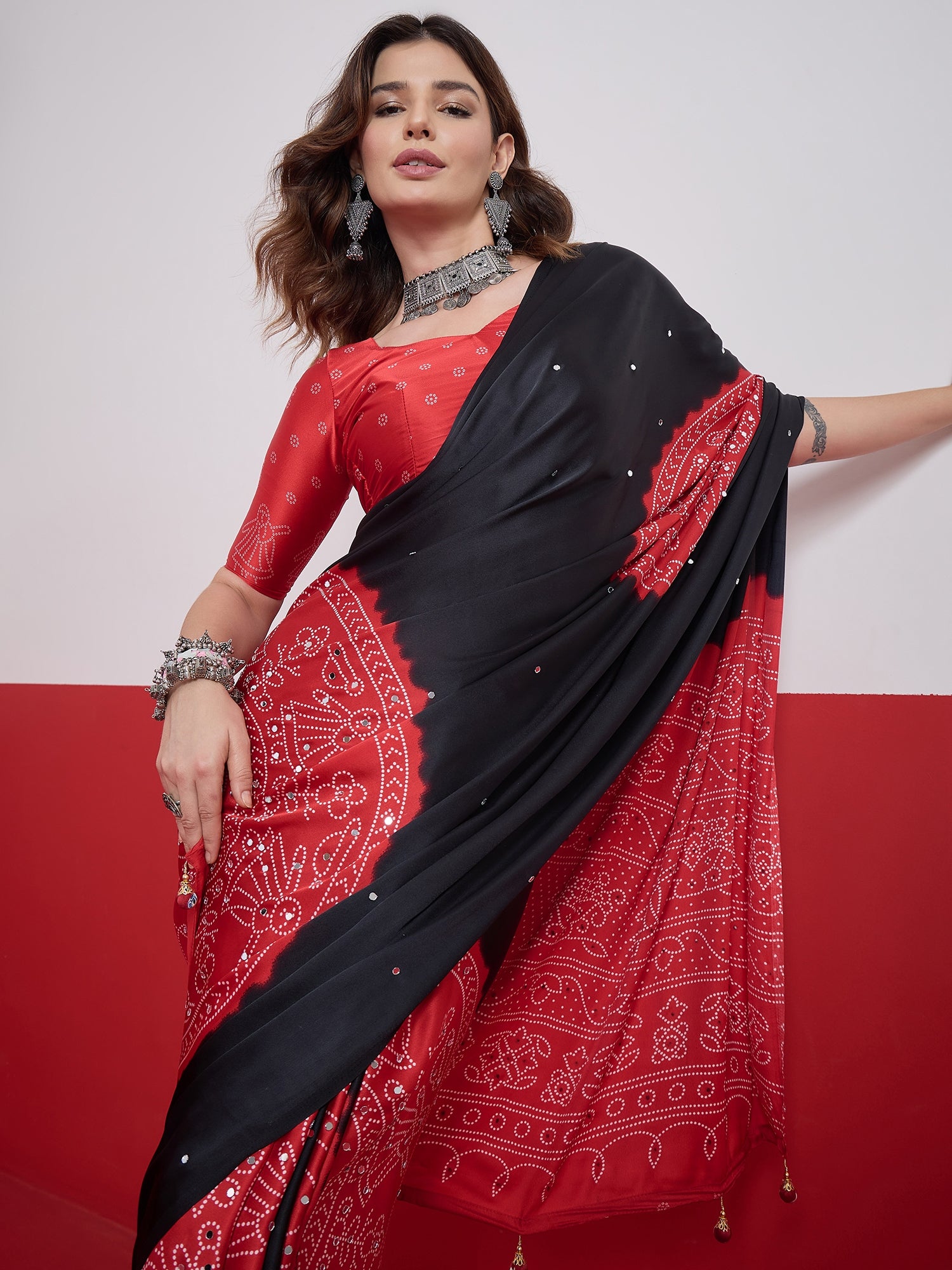 Artisanal Festive Wear Satin Silk Ajrak Print Mirror Work Designer Saree With Unstitched Blouse Piece