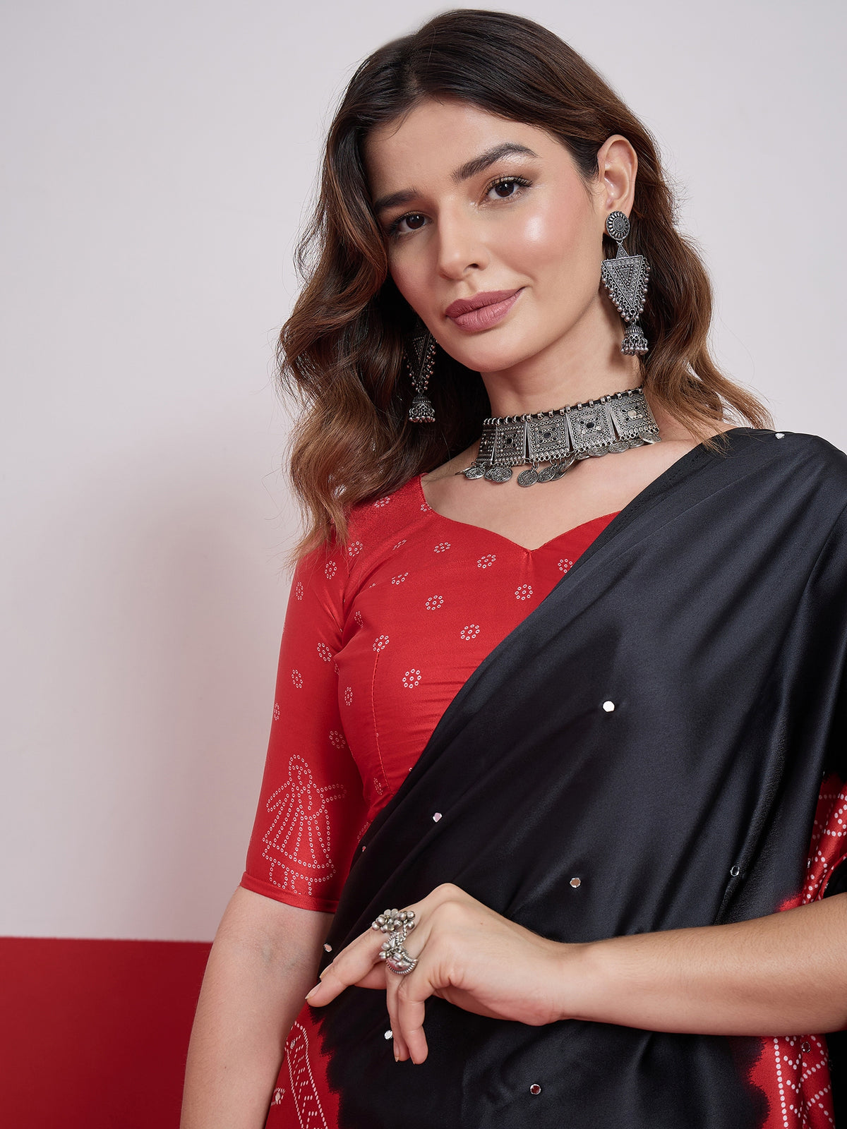 Artisanal Festive Wear Satin Silk Ajrak Print Mirror Work Designer Saree With Unstitched Blouse Piece