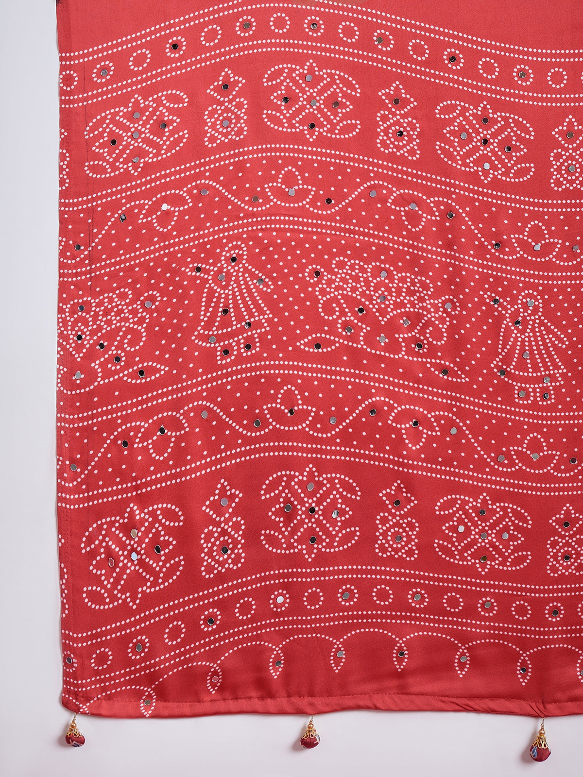 Artisanal Festive Wear Satin Silk Ajrak Print Mirror Work Designer Saree With Unstitched Blouse Piece