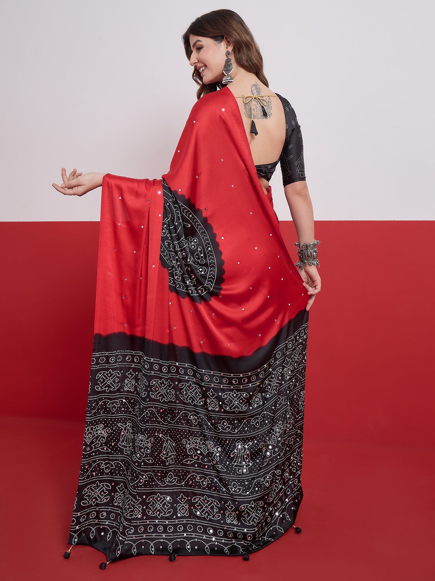 Artisanal Festive Wear Satin Silk Ajrak Print Mirror Work Designer Saree With Unstitched Blouse Piece