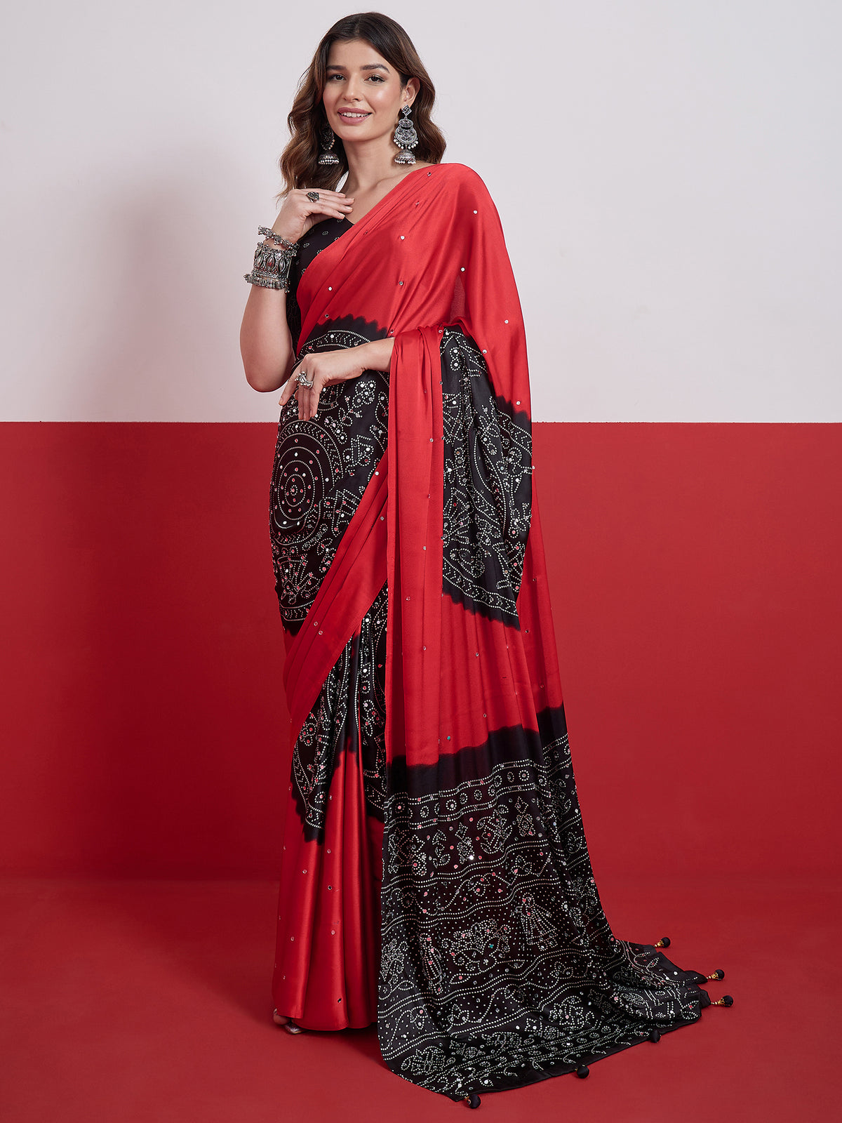 Artisanal Festive Wear Satin Silk Ajrak Print Mirror Work Designer Saree With Unstitched Blouse Piece