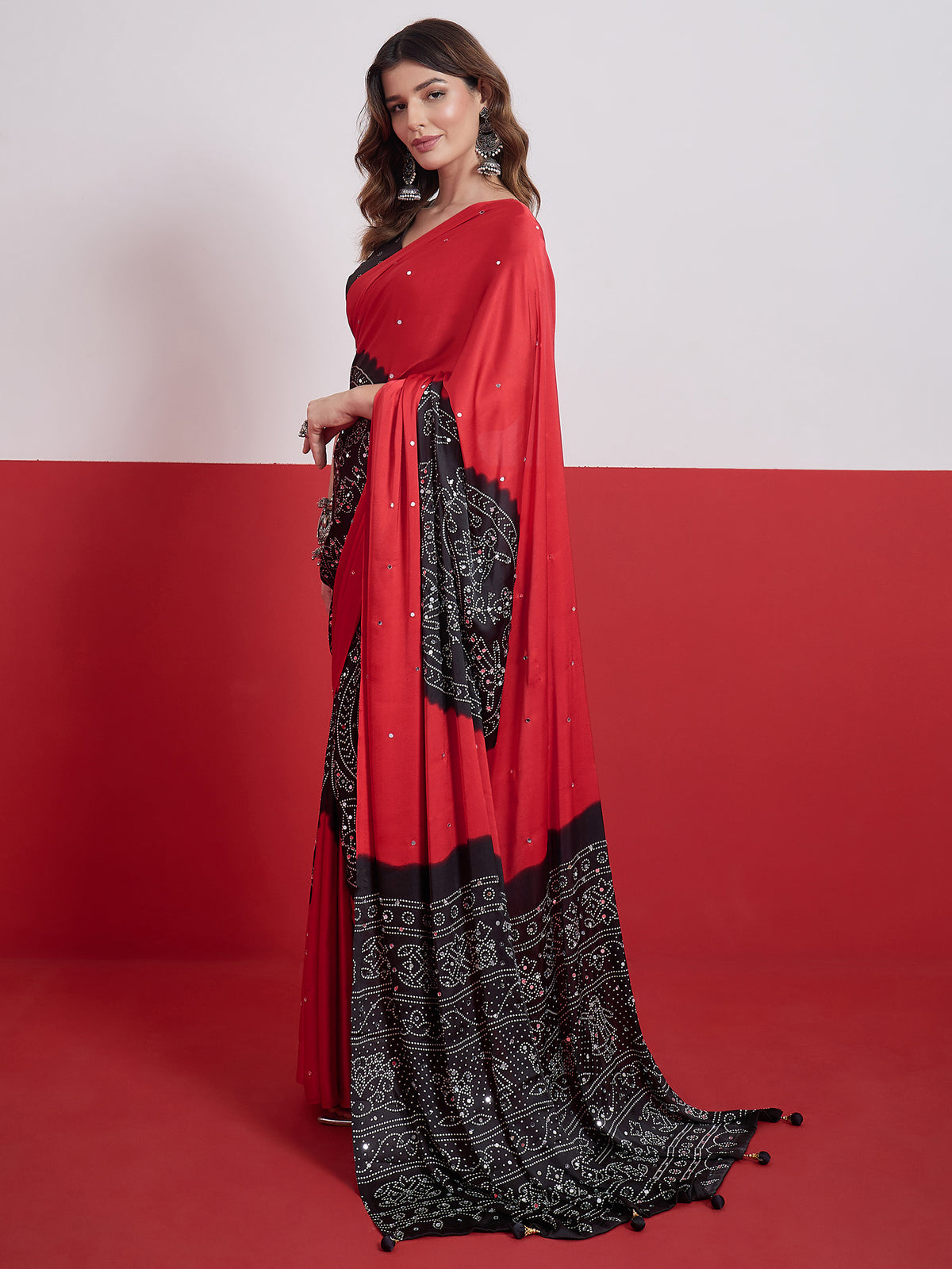 Artisanal Festive Wear Satin Silk Ajrak Print Mirror Work Designer Saree With Unstitched Blouse Piece