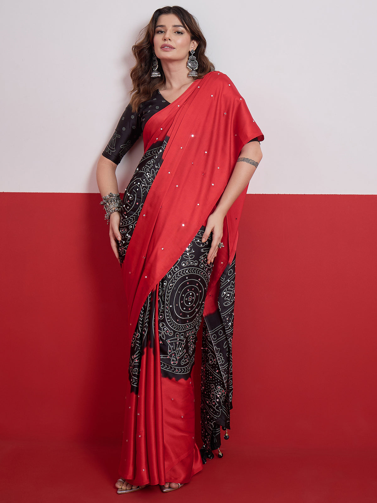 Artisanal Festive Wear Satin Silk Ajrak Print Mirror Work Designer Saree With Unstitched Blouse Piece