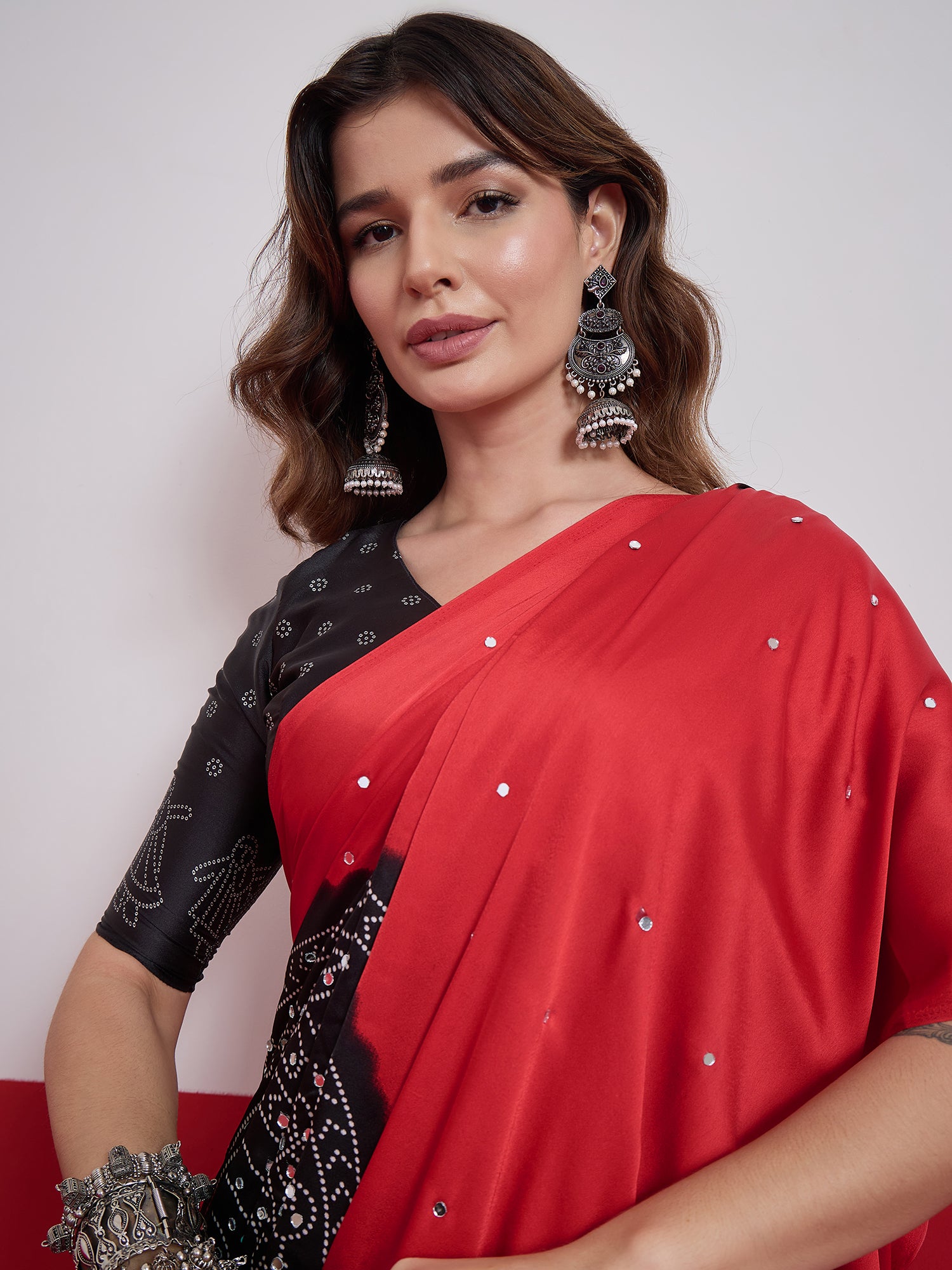 Artisanal Festive Wear Satin Silk Ajrak Print Mirror Work Designer Saree With Unstitched Blouse Piece