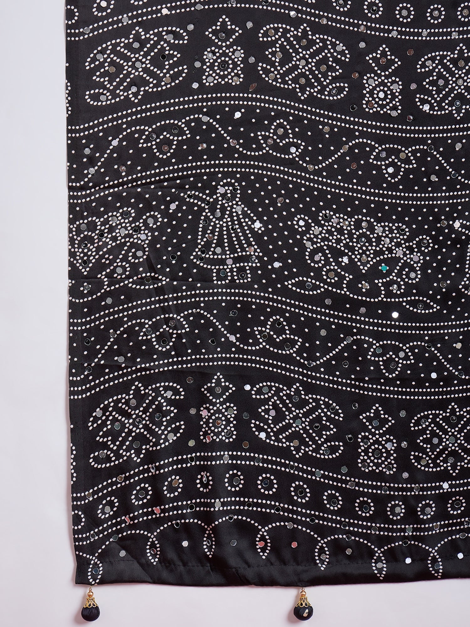 Artisanal Festive Wear Satin Silk Ajrak Print Mirror Work Designer Saree With Unstitched Blouse Piece
