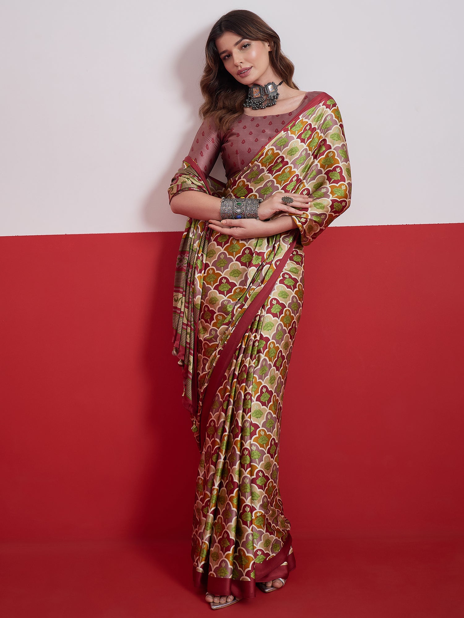 Blossom Party Wear Silk Flower Print Design Fancy Saree With Elegant Blouse Piece