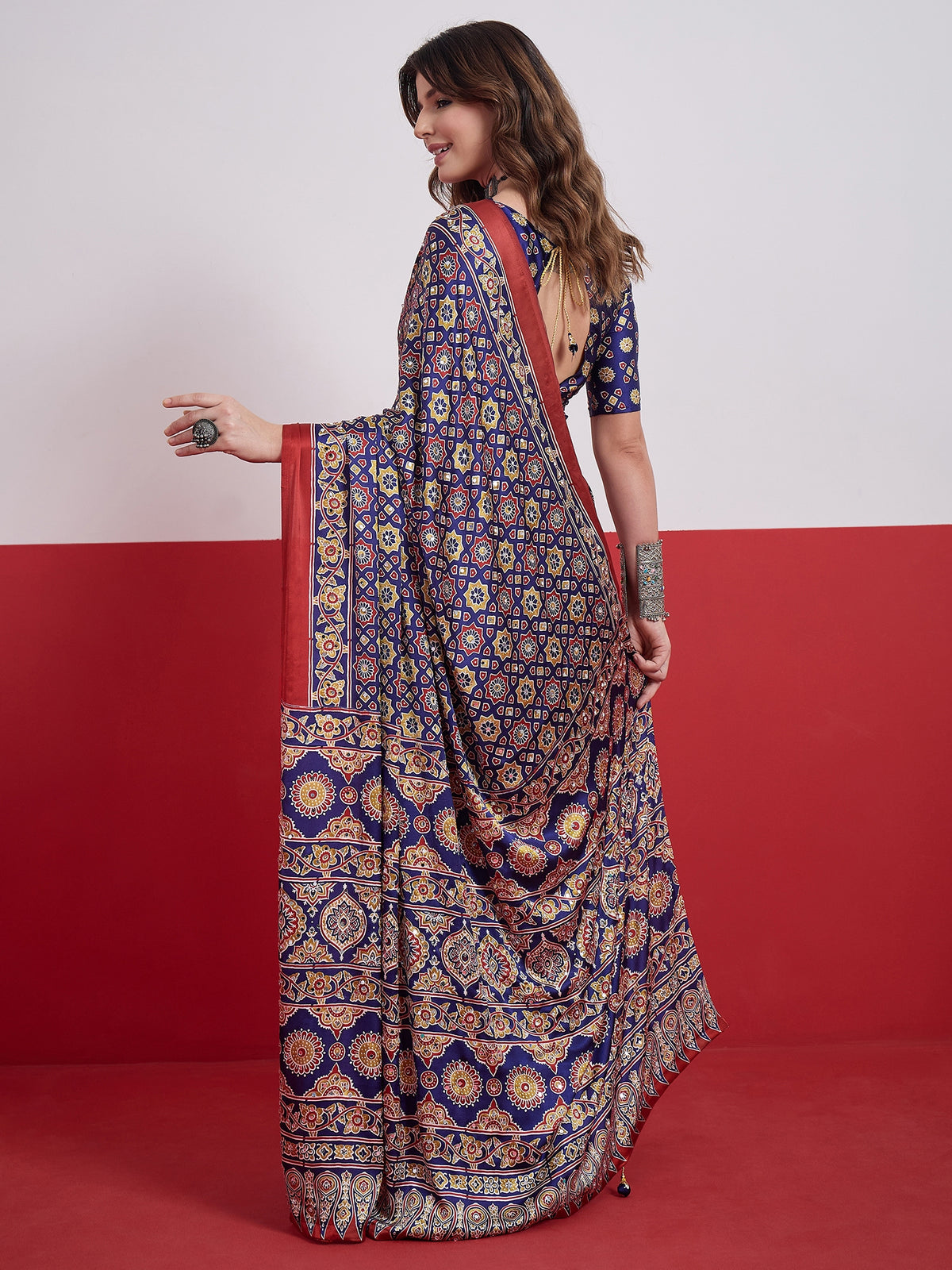 Impressive Party Wear Satin Silk Ajrak Print Mirror Work Designer Saree With Unstitched Blouse Piece