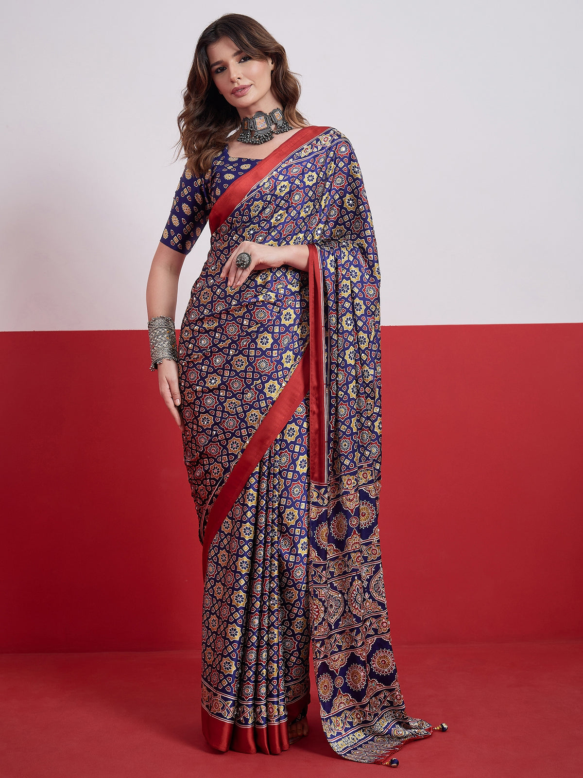 Impressive Party Wear Satin Silk Ajrak Print Mirror Work Designer Saree With Unstitched Blouse Piece