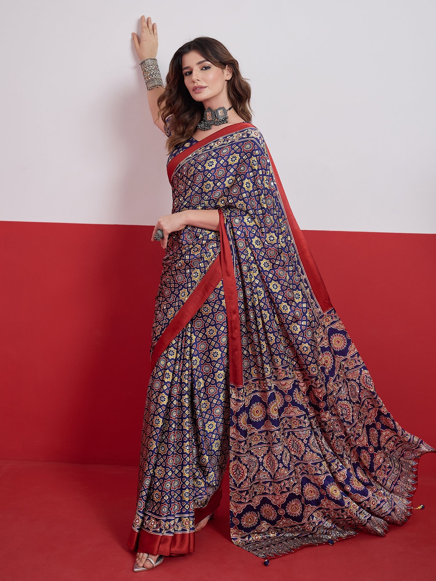 Impressive Party Wear Satin Silk Ajrak Print Mirror Work Designer Saree With Unstitched Blouse Piece