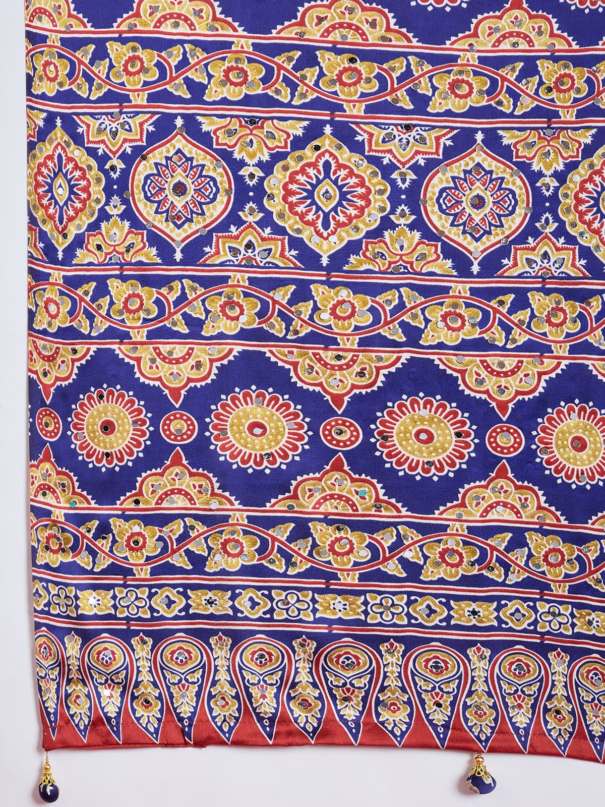 Impressive Party Wear Satin Silk Ajrak Print Mirror Work Designer Saree With Unstitched Blouse Piece