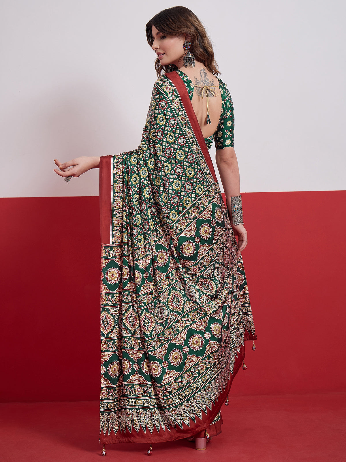 Impressive Party Wear Satin Silk Ajrak Print Mirror Work Designer Saree With Unstitched Blouse Piece
