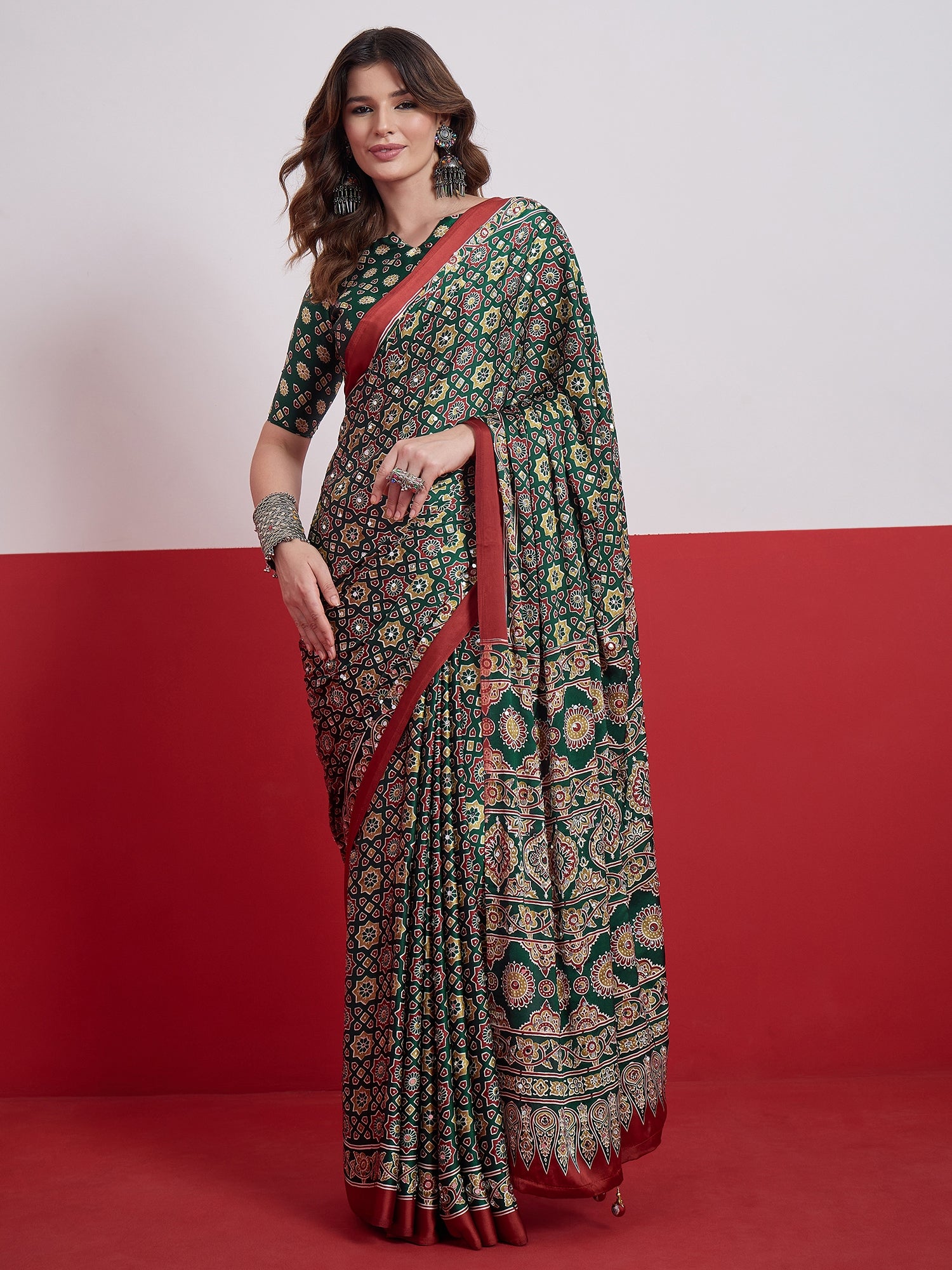 Impressive Party Wear Satin Silk Ajrak Print Mirror Work Designer Saree With Unstitched Blouse Piece