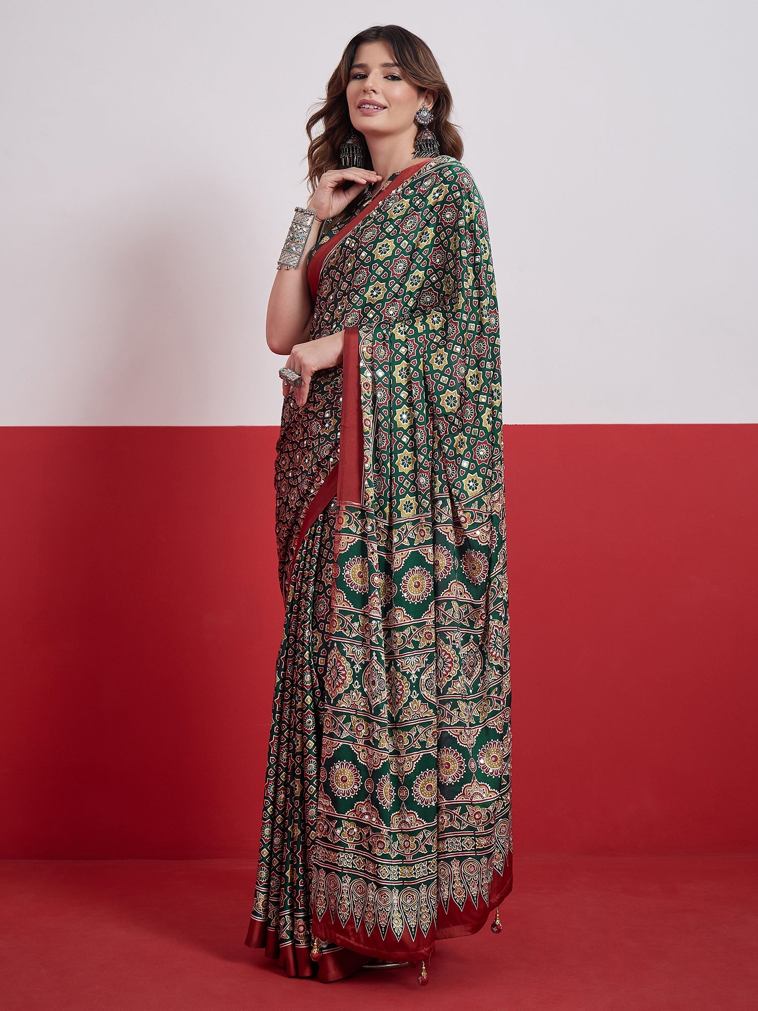 Impressive Party Wear Satin Silk Ajrak Print Mirror Work Designer Saree With Unstitched Blouse Piece