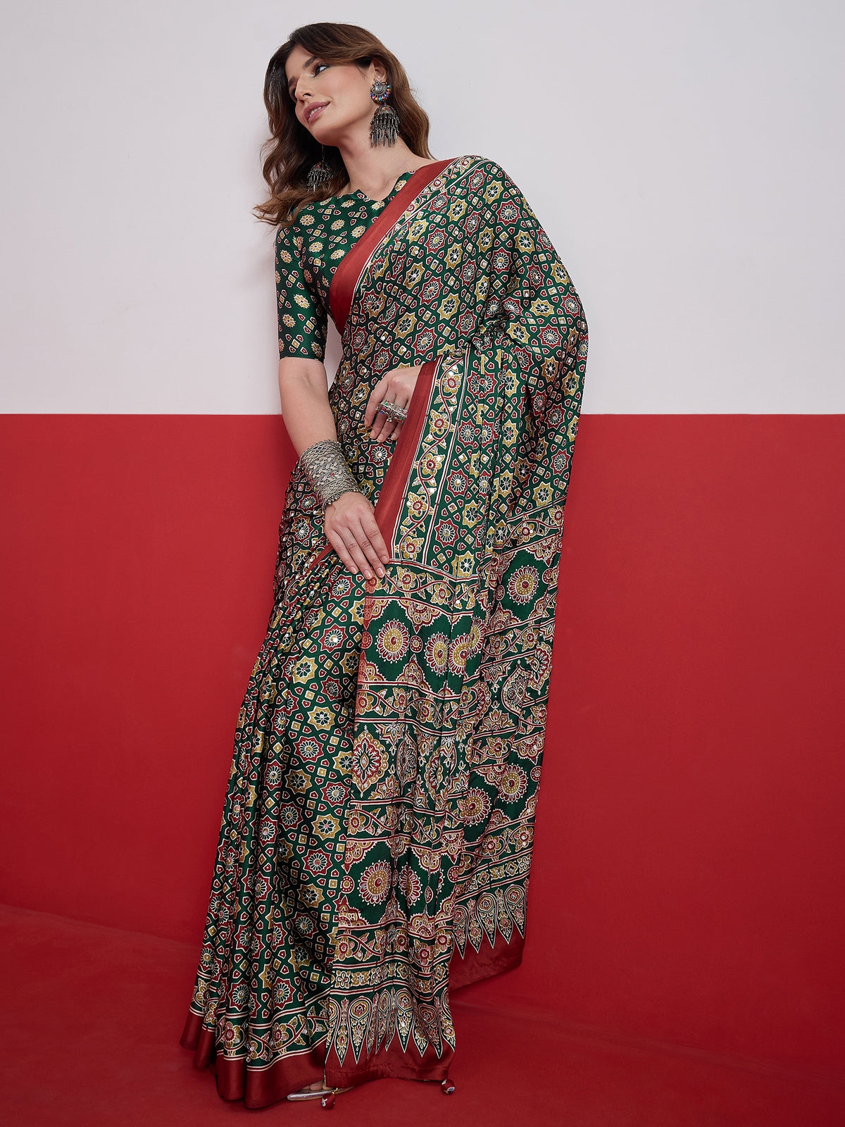 Impressive Party Wear Satin Silk Ajrak Print Mirror Work Designer Saree With Unstitched Blouse Piece