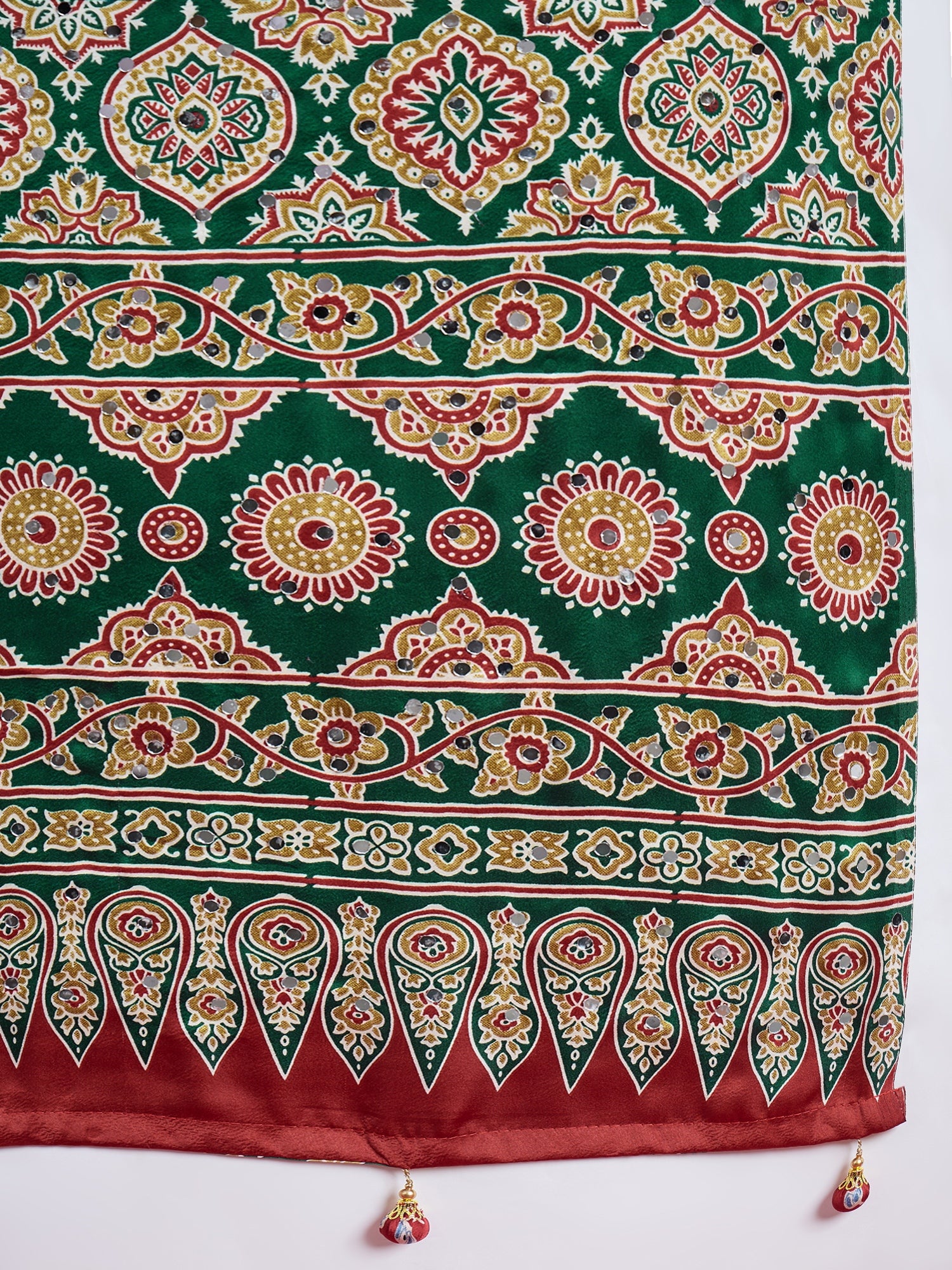 Impressive Party Wear Satin Silk Ajrak Print Mirror Work Designer Saree With Unstitched Blouse Piece