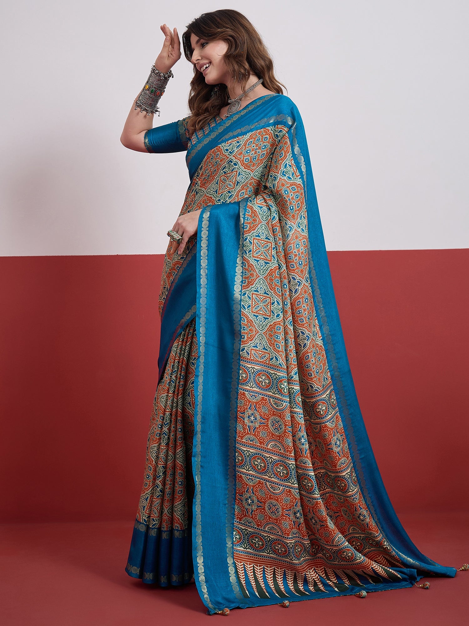 Elegant Wedding Wear Silk Print Design Tussle Work Fancy Saree With Unstitched Blouse