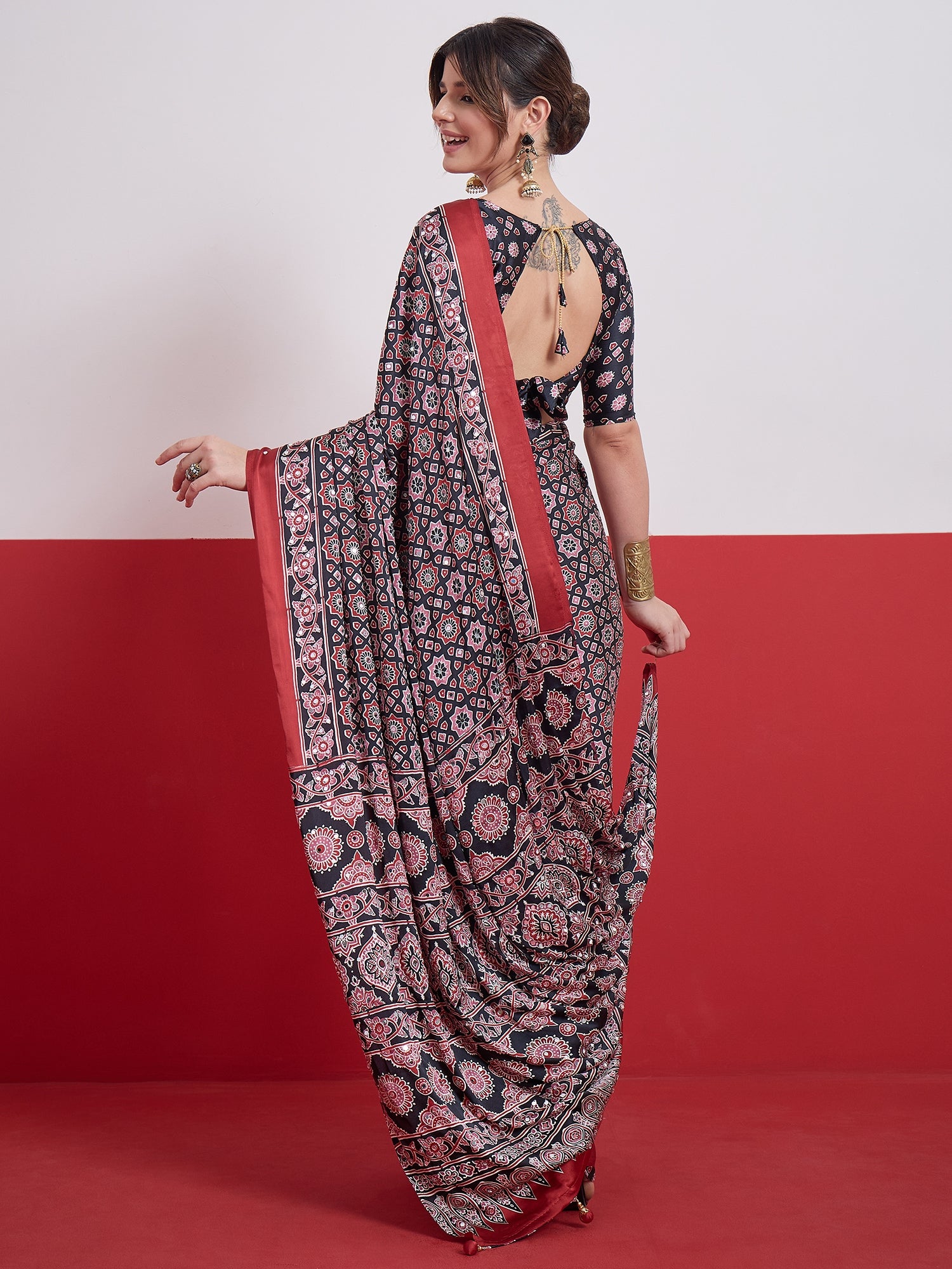 Impressive Party Wear Satin Silk Ajrak Print Mirror Work Designer Saree With Unstitched Blouse Piece