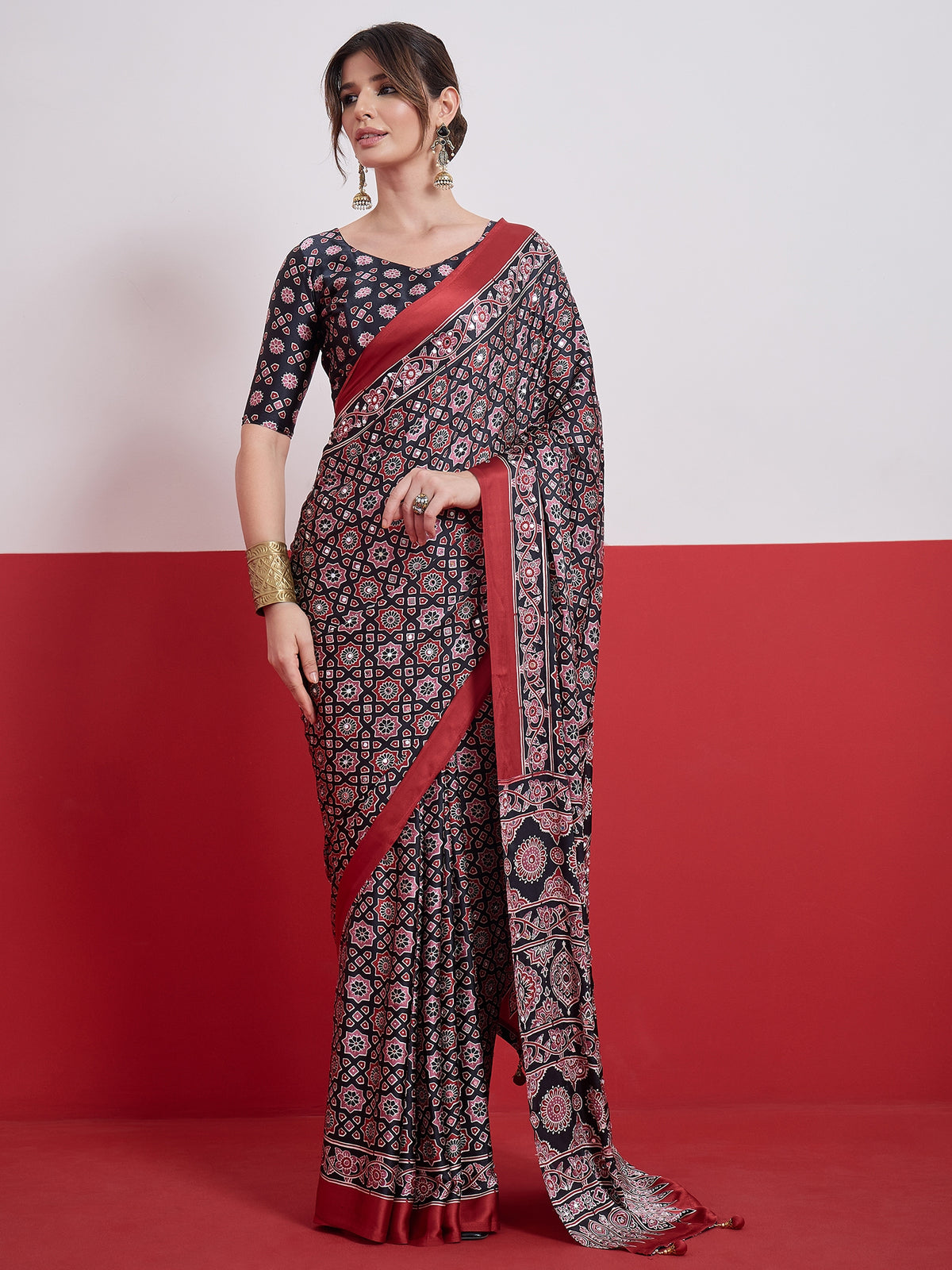Impressive Party Wear Satin Silk Ajrak Print Mirror Work Designer Saree With Unstitched Blouse Piece
