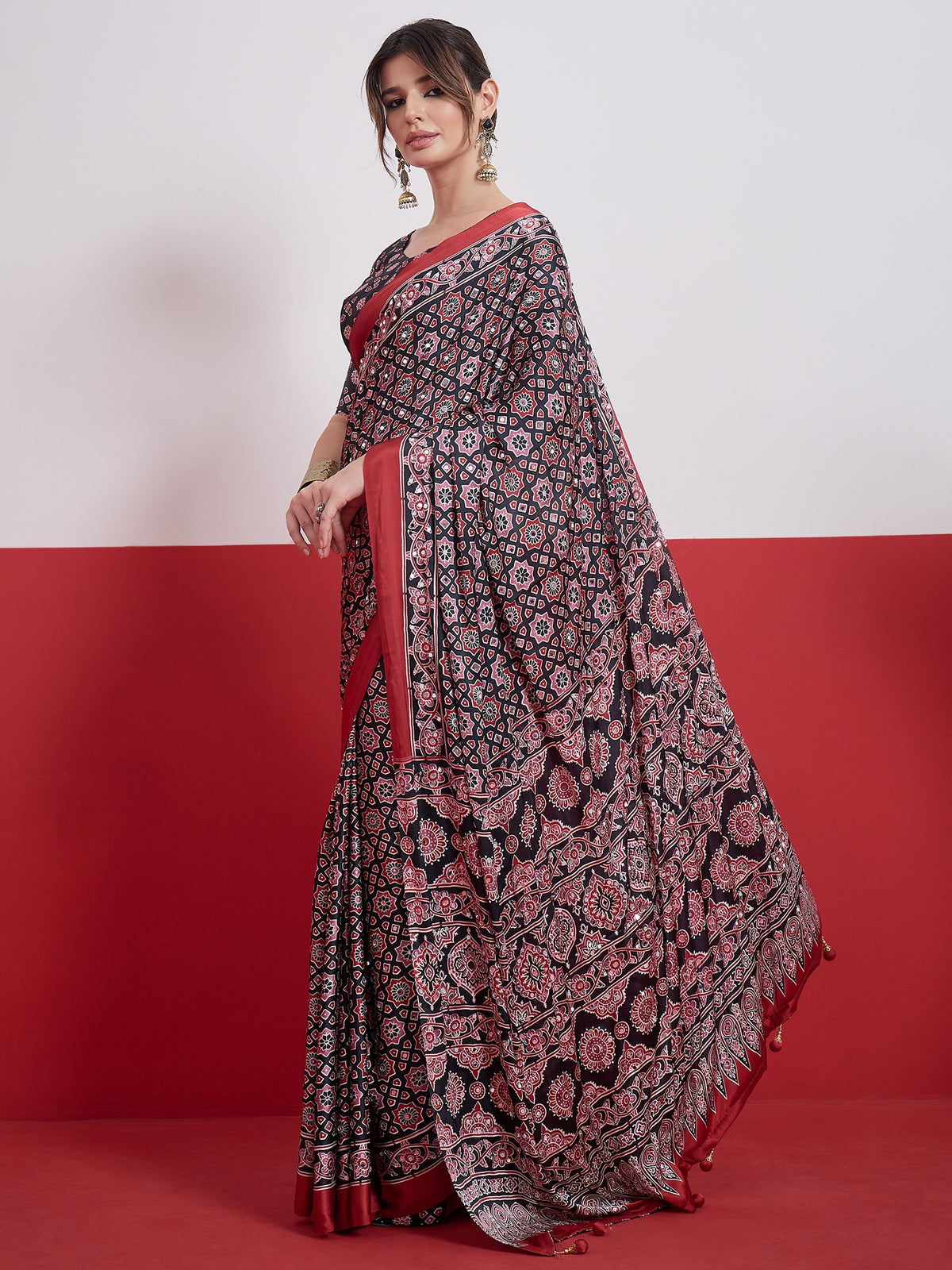 Impressive Party Wear Satin Silk Ajrak Print Mirror Work Designer Saree With Unstitched Blouse Piece