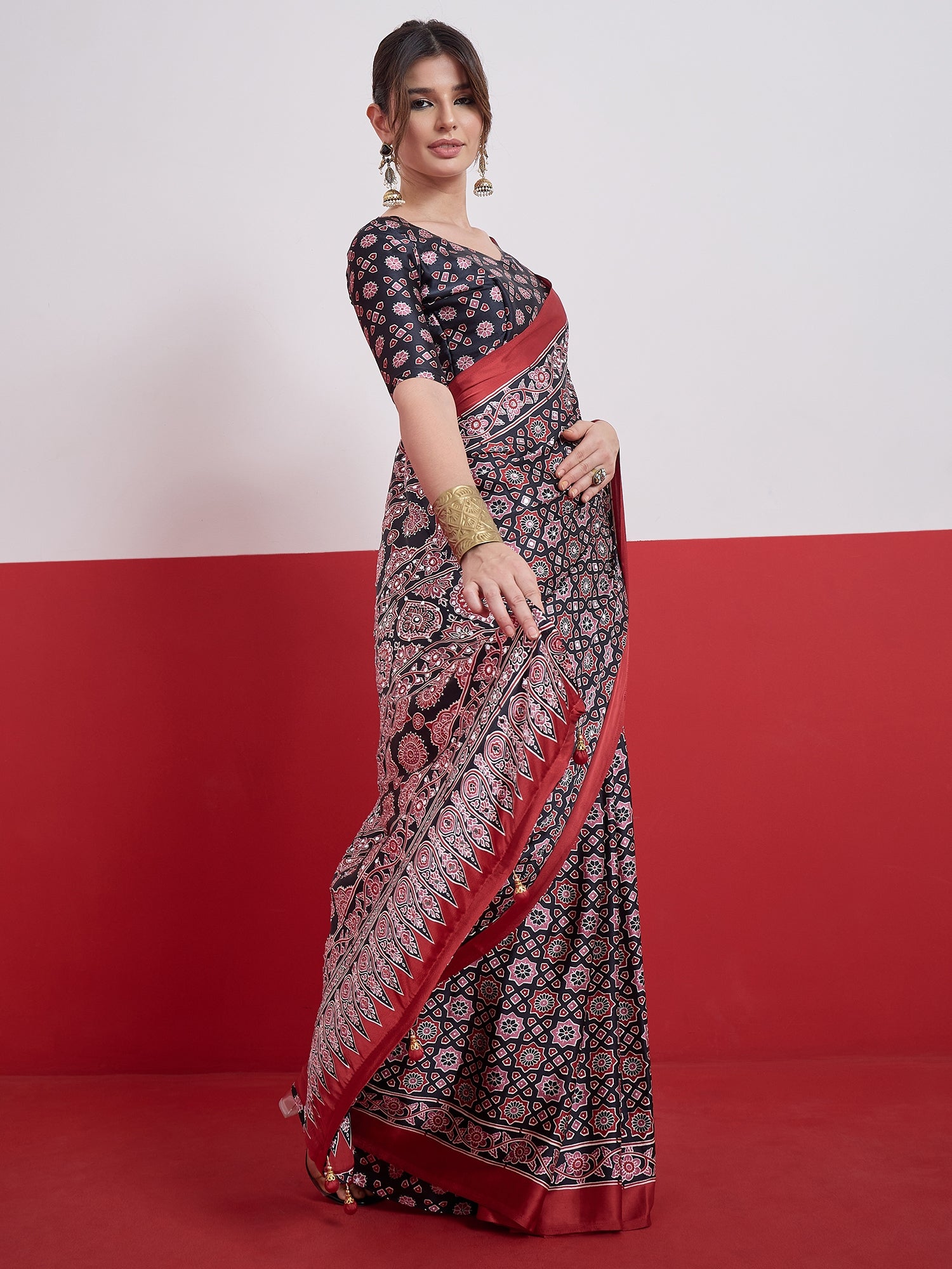 Impressive Party Wear Satin Silk Ajrak Print Mirror Work Designer Saree With Unstitched Blouse Piece
