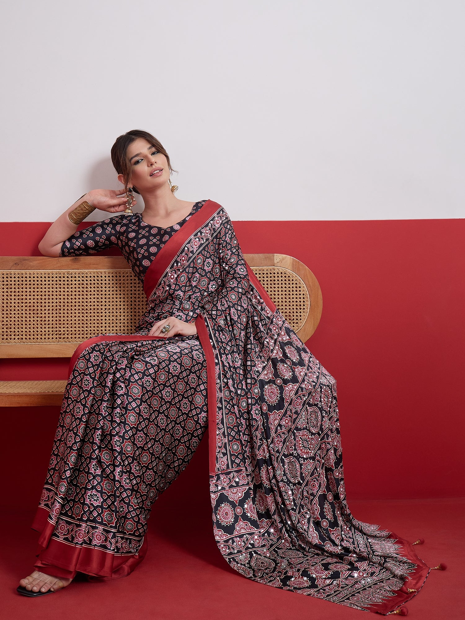 Impressive Party Wear Satin Silk Ajrak Print Mirror Work Designer Saree With Unstitched Blouse Piece