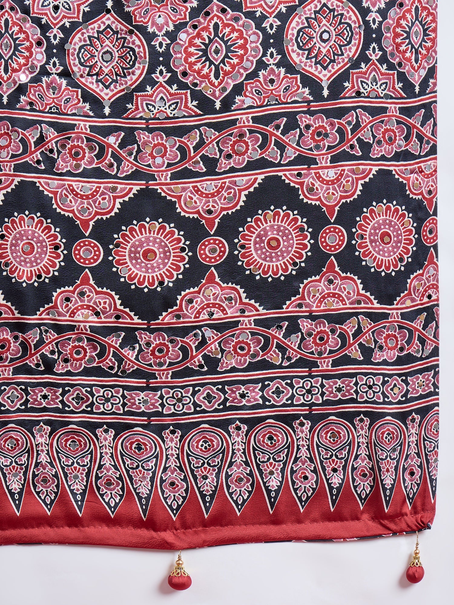Impressive Party Wear Satin Silk Ajrak Print Mirror Work Designer Saree With Unstitched Blouse Piece