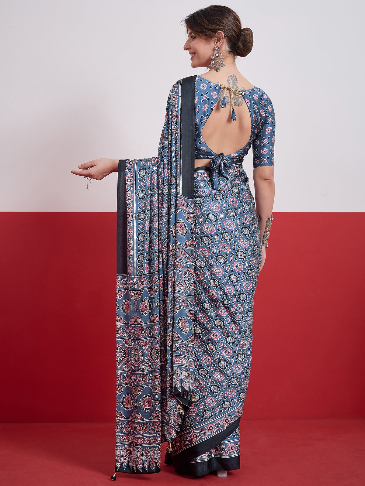 Impressive Party Wear Satin Silk Ajrak Print Mirror Work Designer Saree With Unstitched Blouse Piece